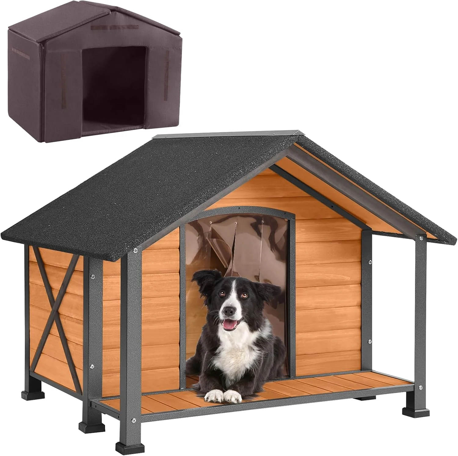 Elegant Aivituvin Dog House with Insulated Liner Outdoor All-Around Iron Frame Dog Kennel Outside with Overhang Roof Large Porch Weatherproof Professional