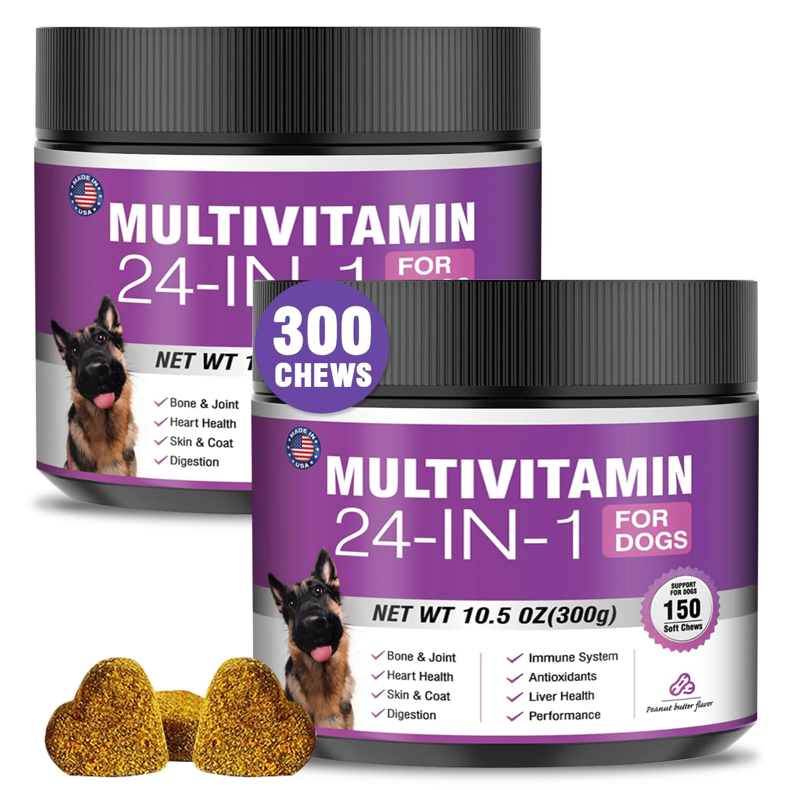 Functional TTLXBL 24-in-1 Dog Vitamins Supplements – 300 Chews – Skin Joint Gut Support – Peanut Butter Top-Quality