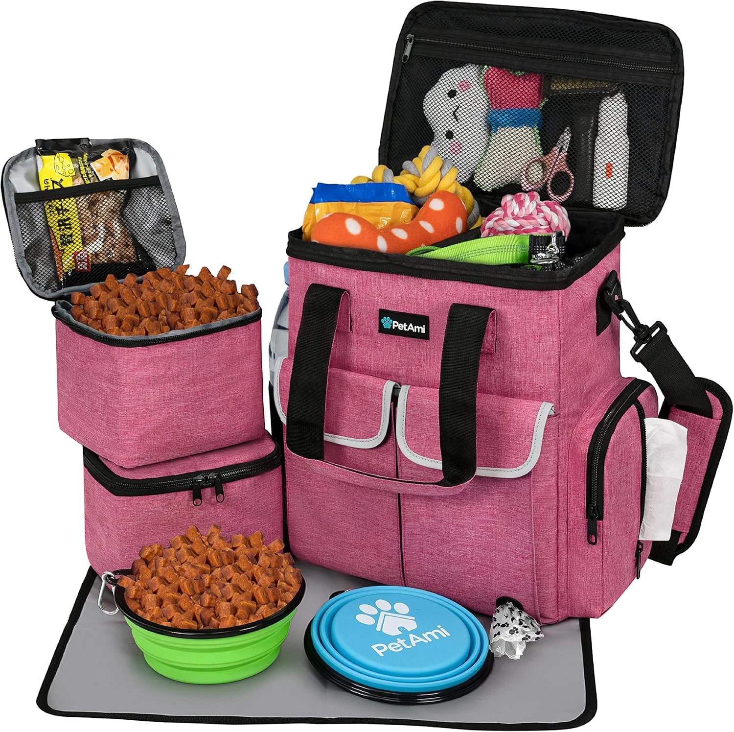 Detailed PetAmi Dog Travel Bag Pet Supplies Accessories Organizer for Traveling Camping Weekend Cat Pet Travel Bag Kit Includes 2 Food Storage Containers 2 Collapsible Bowls 1 Feeding Mat Pink Original