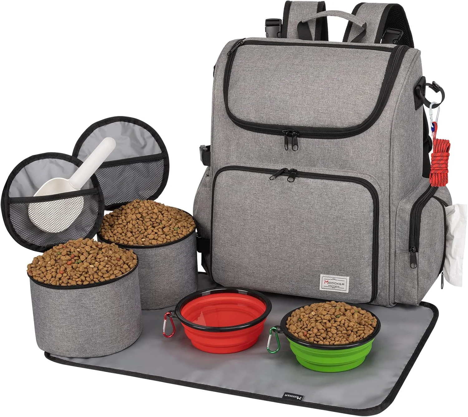 Smooth Modoker Dog Travel Bag Backpack Airline Pet Accessories Organizer for Dog and Cat with Shoulder Strap 2 Dog Food Storage Containers 2 Collapsible Dog Bowls 1 Pet Mat Grey Certified