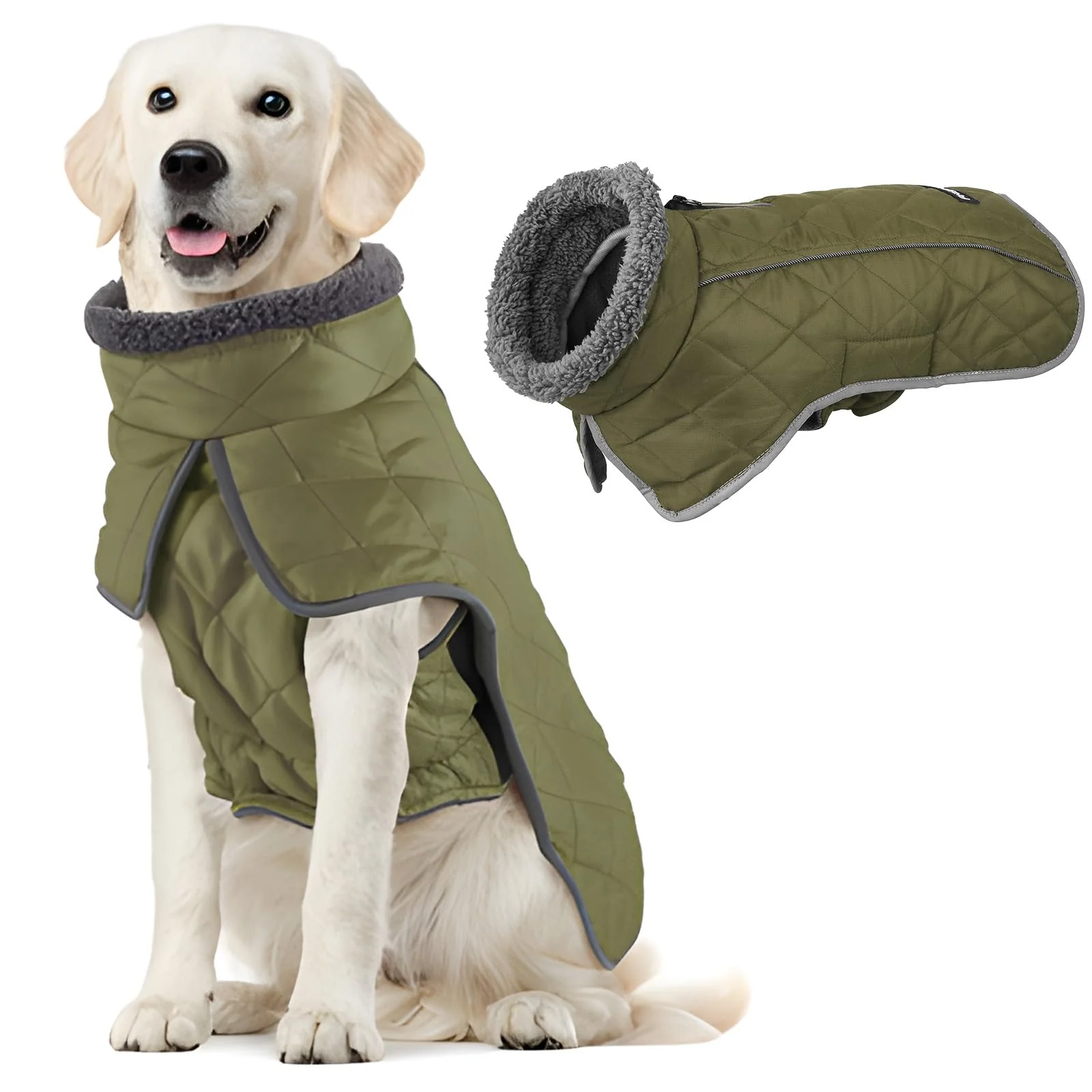 Traditional Fragralley Dog Coat Medium ArmyGreen – Waterproof Warm Fleece Winter Jacket with Reflective Strips Healthy
