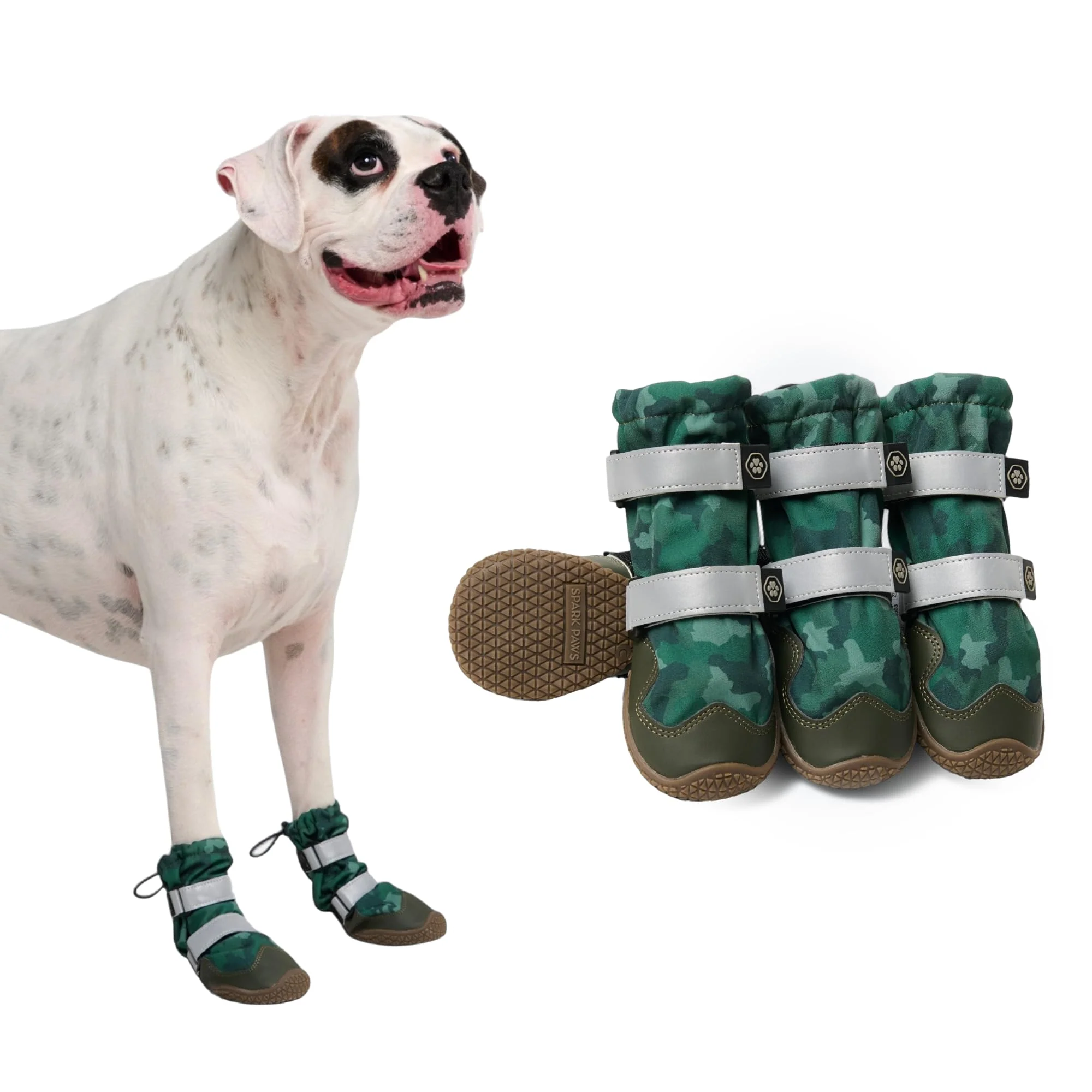 Exceptional Spark Paws Dog Shoes – Waterproof Non-Slip Boots for Medium to Large Dogs Green Camouflage 4-Pack Size 5 High-Grade