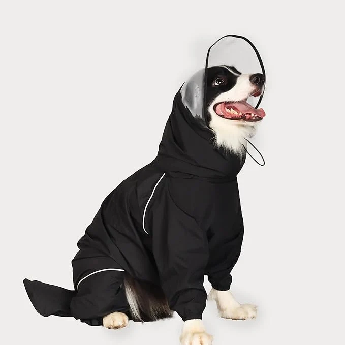 Proven Dog Raincoat for Medium Large Dogs rain Jacket Coat Full Leg Coverage Waterproof Rain Suit with Detachable Hood Tail Reflective Strips Snag- Top Zipper Black for Boy XX-Large About ThisOverview Solid