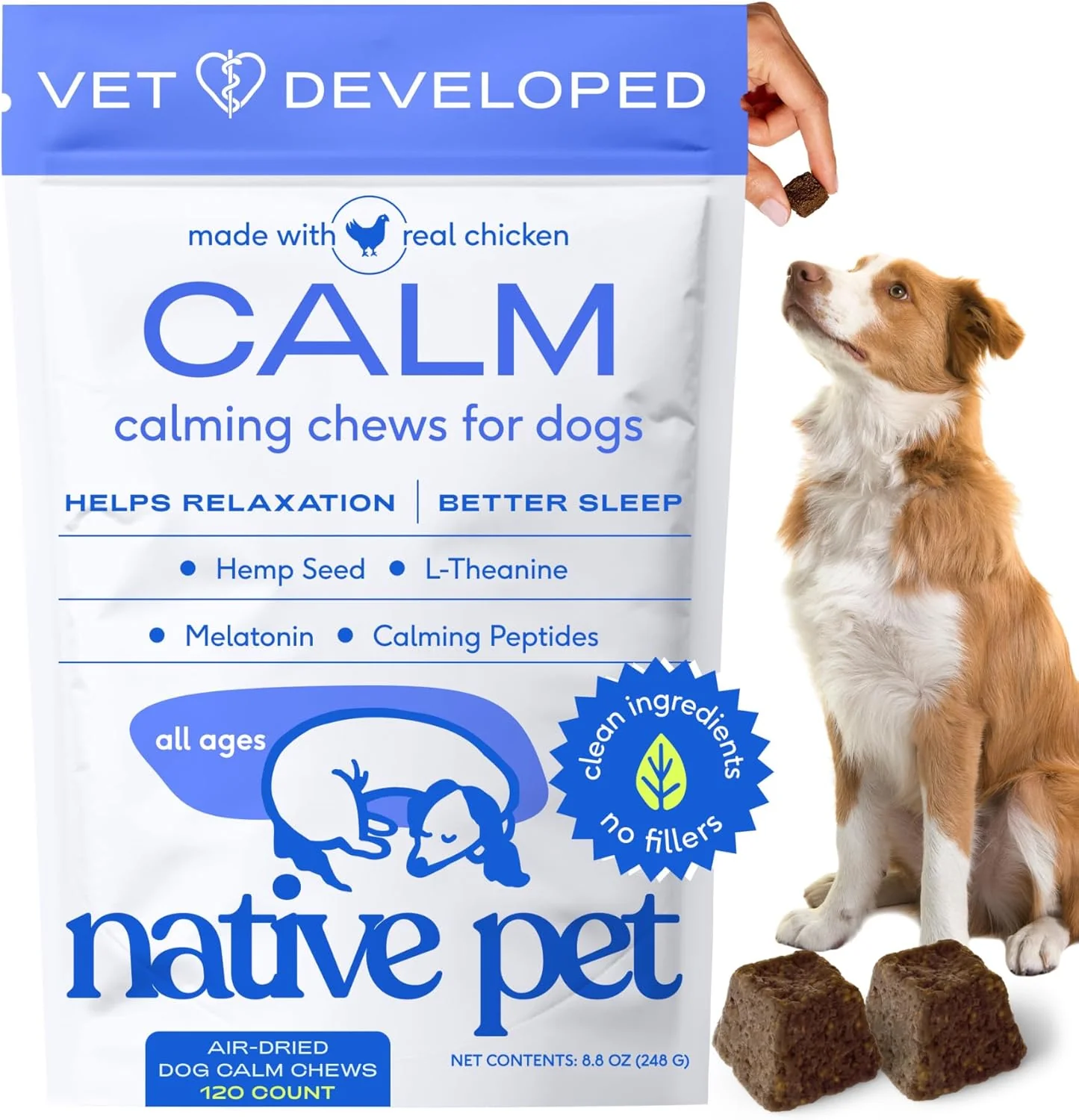 Easy-to-Use Native Pet Calming Chews for Dogs - Melatonin for Dogs Anxiety Relief - Grain All Natural Hemp Calming Treats L-Theanine Helps Manage Stress Separation Anxiety - Puppy Sleep Aid - 120 Chews Sophisticated