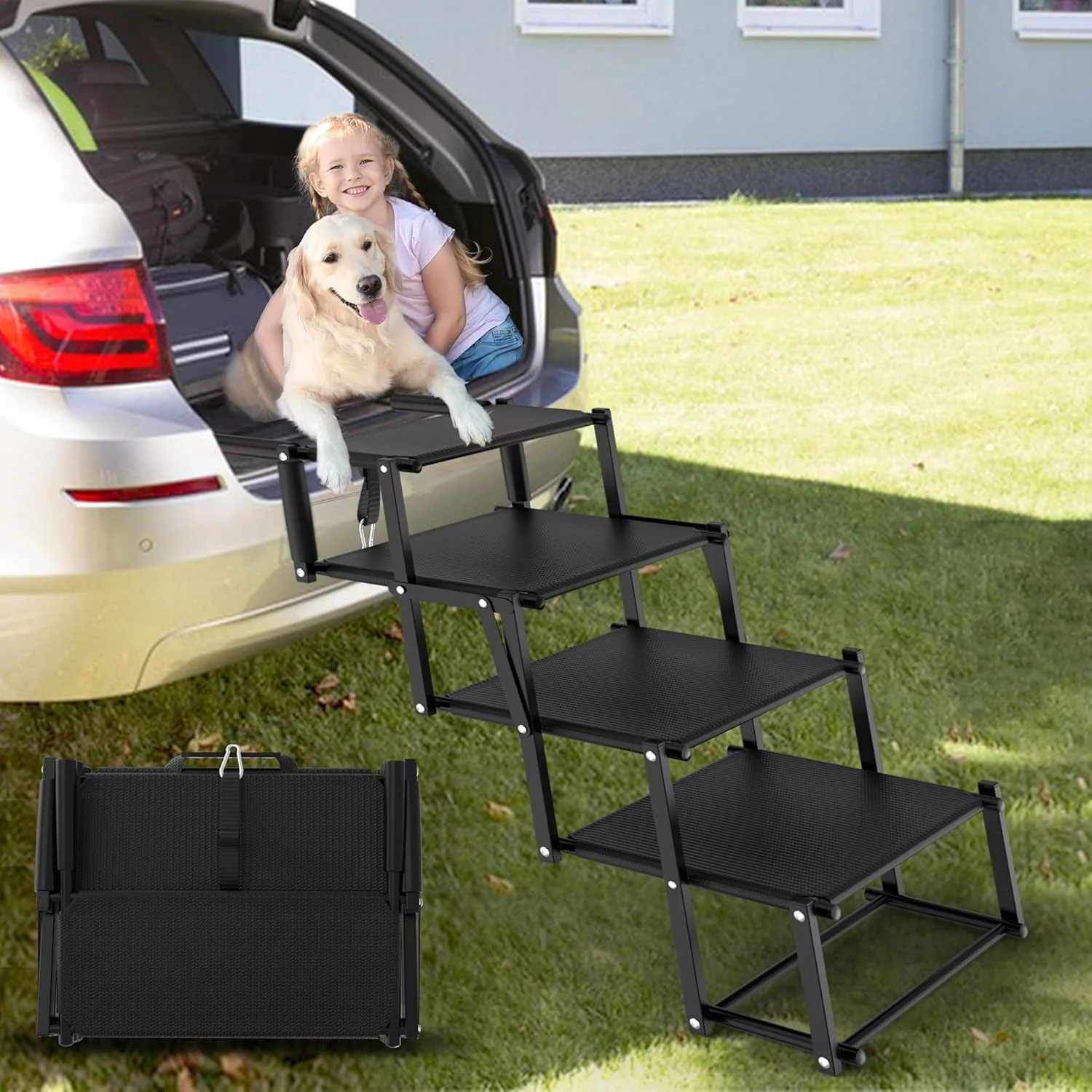 Innovative Extra Wide Dog Stairs for Large Dogs Foldable Dog Ramp for Car with Non-Slip Surface Lightweight Dog Stairs for Cars Dog Steps for Cars SUV High Beds Truck Supports up to 250 lbs 4 Steps Fashionable