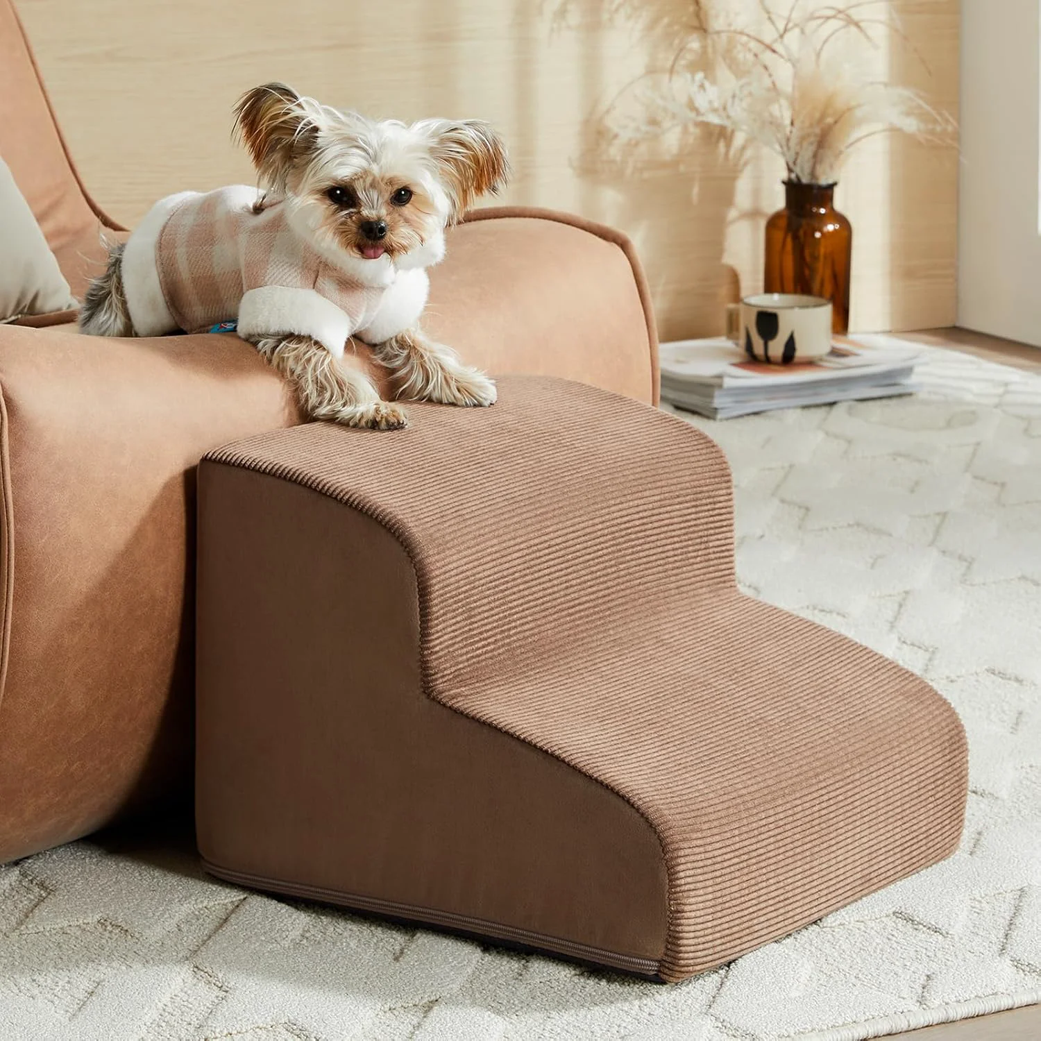 Stylish Dog Stairs for Small Dogs 2-Steps Dog Ramp for Couch Pet Stairs with Highly Supportive Foam and Non-Slip Bottom Pet Steps for Cat Doggie High 11.8 Inch Effective