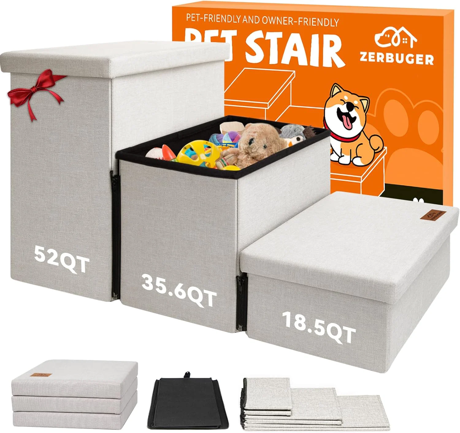 Excellent Dog Stairs with Storage 18 H 3-Step Wider Dog Steps for Small Medium Large Old Dogs Cats Folding Sturdy Pet Stairs Climbing Bed or Couch Ramp for Car Up to 200 lbs Beige No Condo Certified