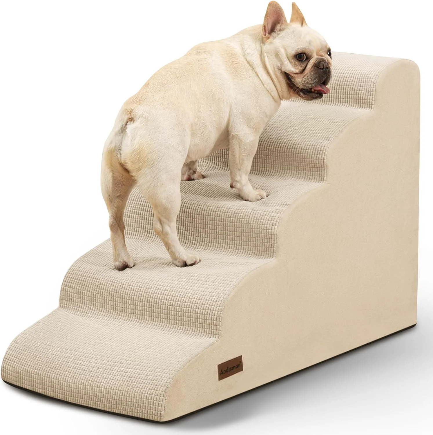Unique 5-Step Dog Stairs and Ramp for High Bed Non-Slip Sturdy Pet Steps for Small Dogs and Cats 22.2 H Beige Fine Crafted