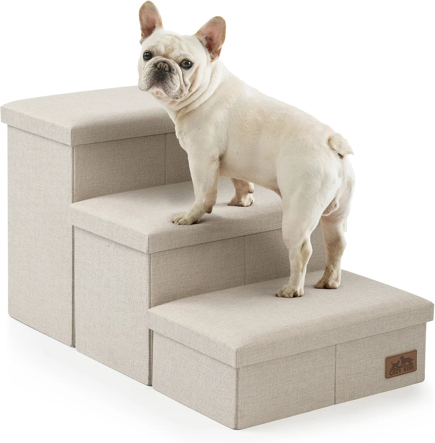 Innovative Dog Stairs with Storage 3-Step Wider Sturdy Dog Steps for Small Medium Large Dogs and Older Cats Folding Doggie Ramp for Bed Couch Car Hold Up to 180 lbs 16.7 H Beige Premium
