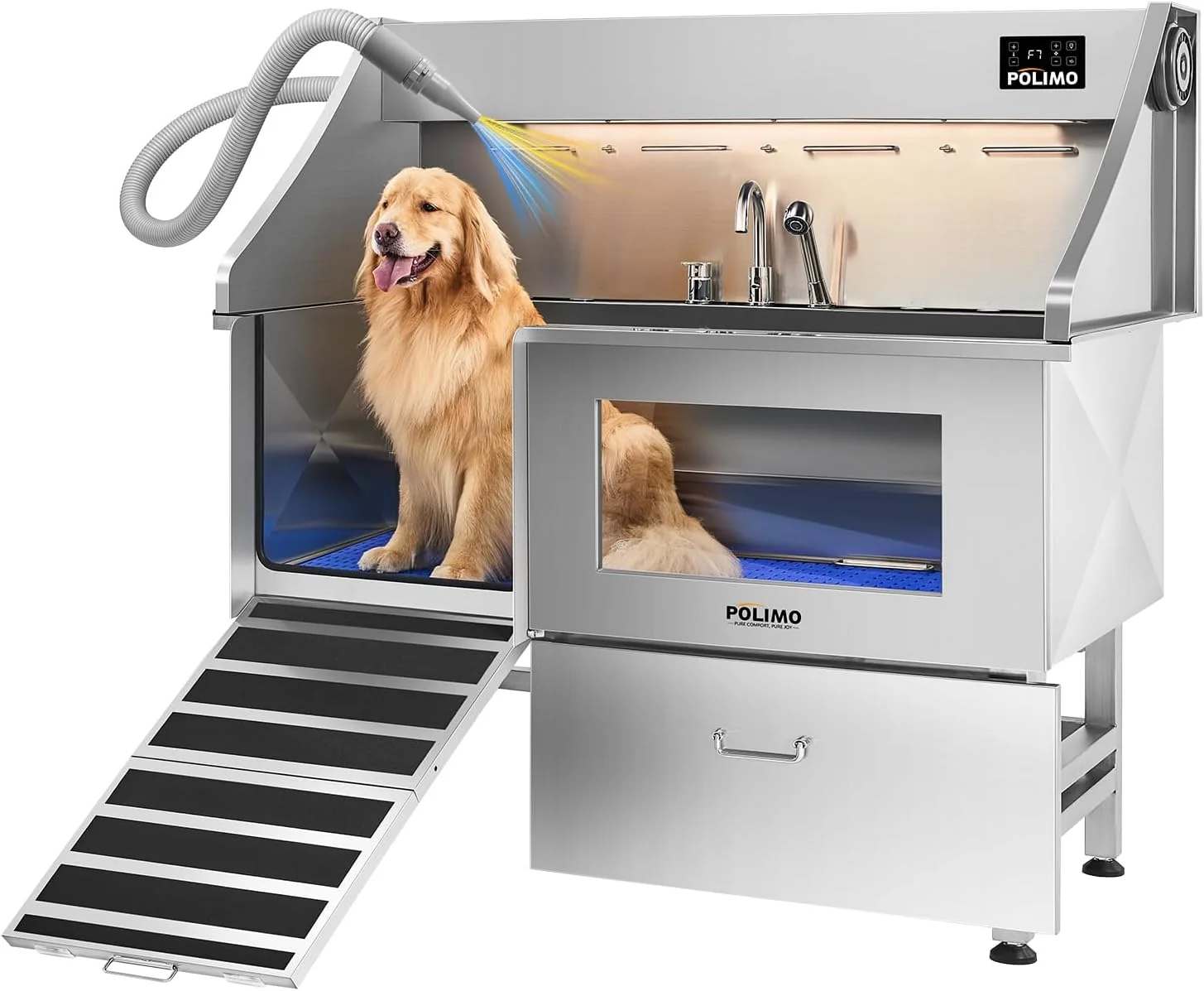 High-Performance polimo Dog Wash Station with Pet Dryer LED Professional Dog Bathing Station for Large Medium Small Dogs – with Window Ramp Drawer Floor Grate LED Display Faucet Left RAMP Dryer 61 Secure