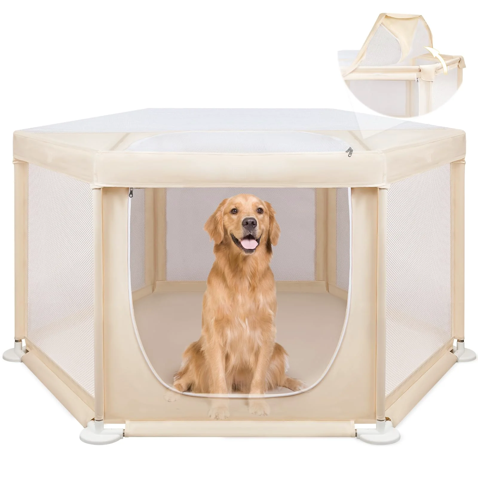 Clean Paw Libero 58.3x58.3x29.9 Indoor Large Dog Playpen – Extra Tall Hexagonal with Removable Roof Fine Crafted