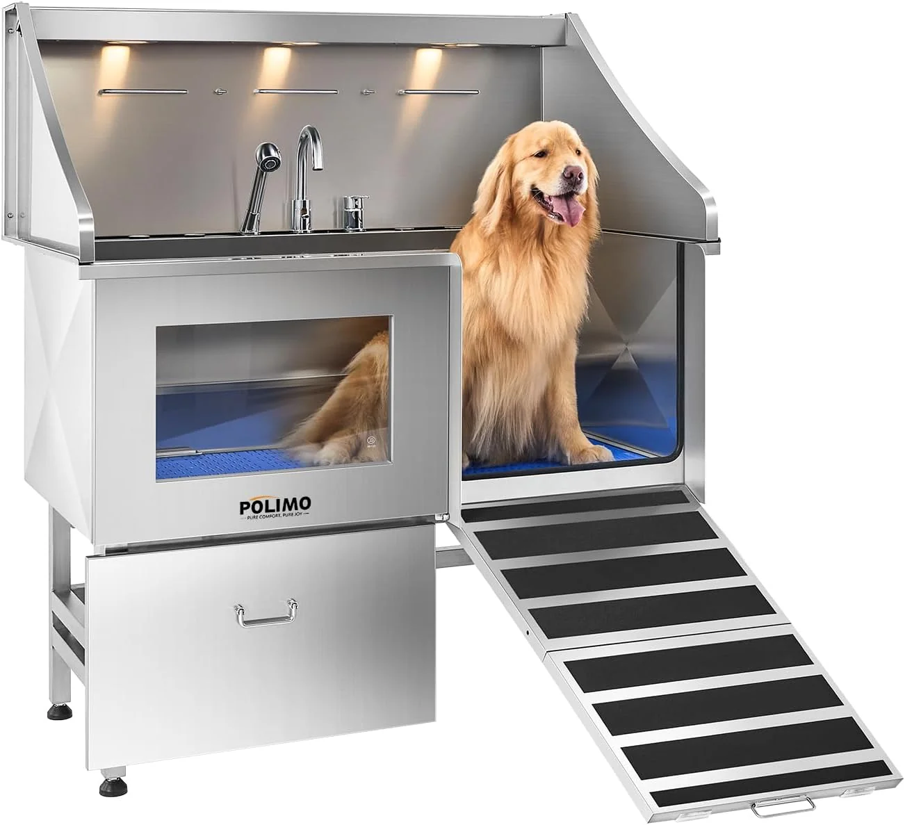 Functional POLIMO Dog Washing Station LED Professional Stainless Steel Dog Bathing Station 50 Dog Grooming Tub for Large Medium Small Dog - with Window Ramp Drawer Floor Grate Faucet Right RAMP 50 Stylish