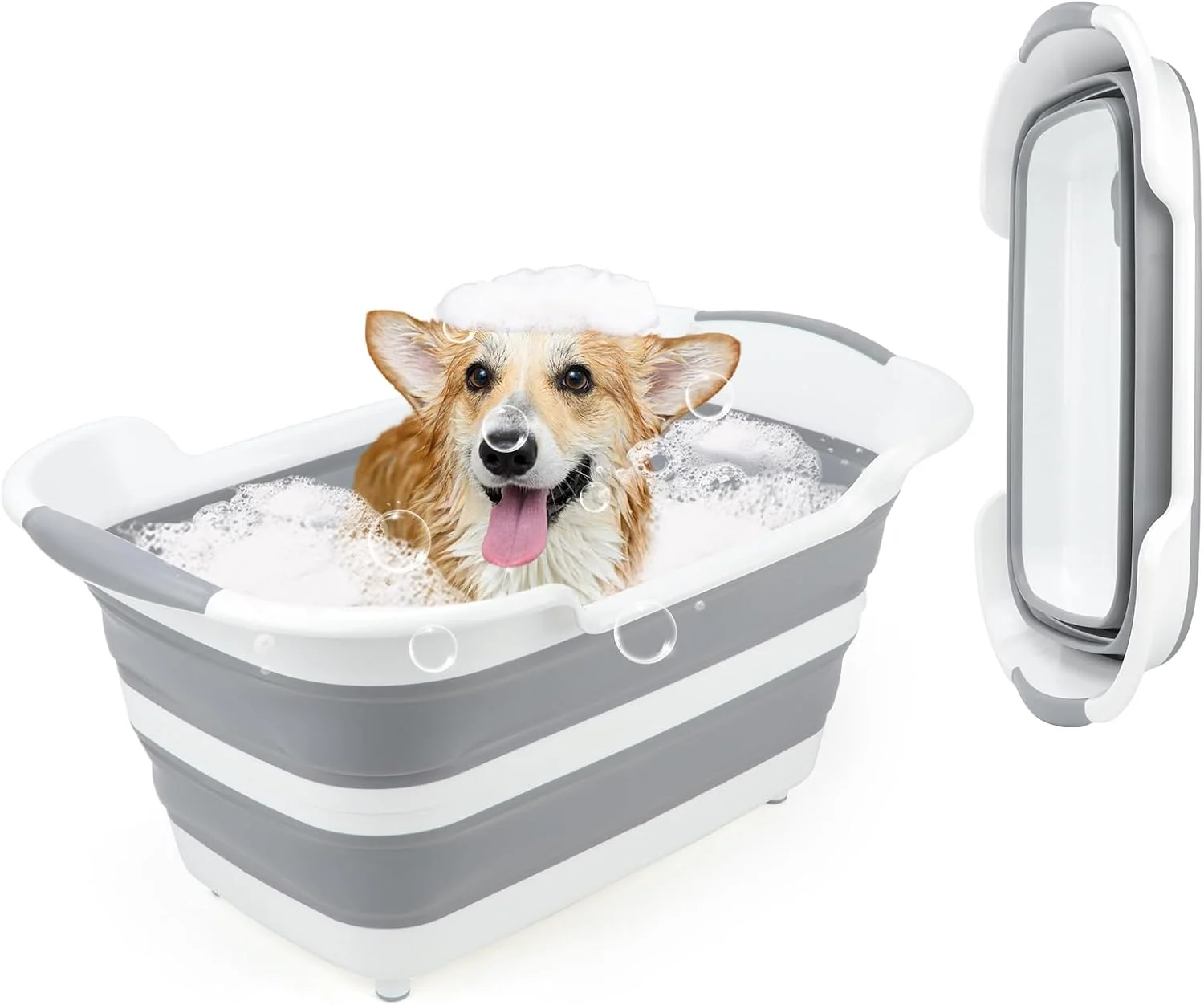 Safe FHTONGE 7.13 Gal 27L Raised Collapsible Dog Bathtub with Drain Hair Catcher Multifunctional Pet Washtub for Small to M Dog Portable Puppy Tub Cat Shower Basin Laundry Basket Storage Organize Bucket Soft