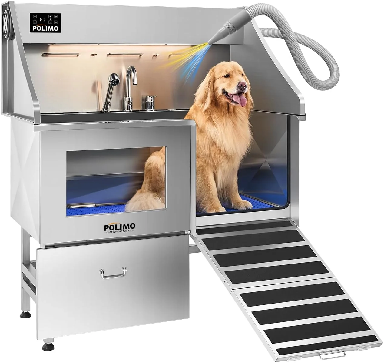 High-Quality polimo Dog Washing Station with Dryer LED Professional Stainless Steel Grooming Tub Dog Bathtub for Large Medium Small Dog w Window Ramp Drawer Floor Grate Fauct （Right RAMP Dryer 50 ） Authentic