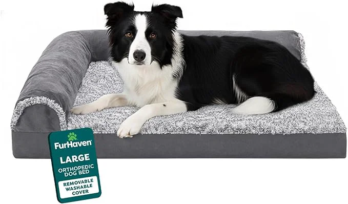 Fine FurHaven Orthopedic Dog Bed for Large Dogs L-Shaped Chaise Contour Mattress with Egg Crate Orthopedic Memory Foam for Joint Support Removable Washable Cover Large Faux Fur Suede Stone GrayAbout ThisOverview Durable