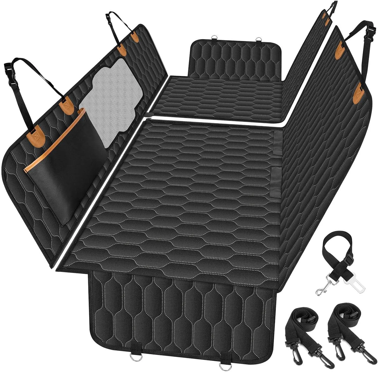Genuine Dog Back Seat Cover Waterproof Scratch Proof Nonslip Dog Hammock for Car Car Seat Cover for Back Seat with Sanitary Pad Mesh Pocket for Cars SU and Trucks - S Black Orange Soft