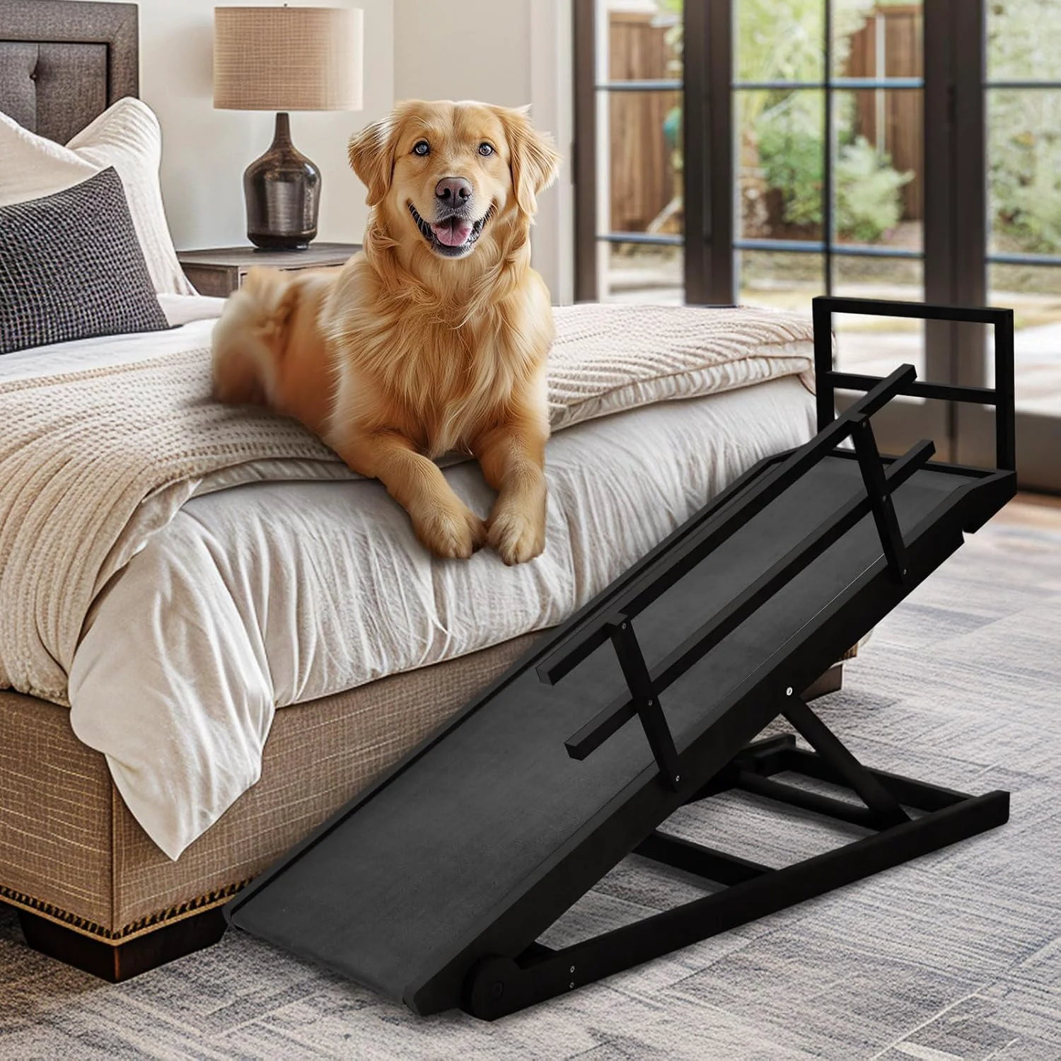 Pure Dog Ramp 5 Level Adjustable Wooden Folding Pet Ramp for Middle Bed Couch SUV-High Traction Portable Paw Ramps for Small Large Old Dogs Cats - Furniture Quality Carefully Designed
