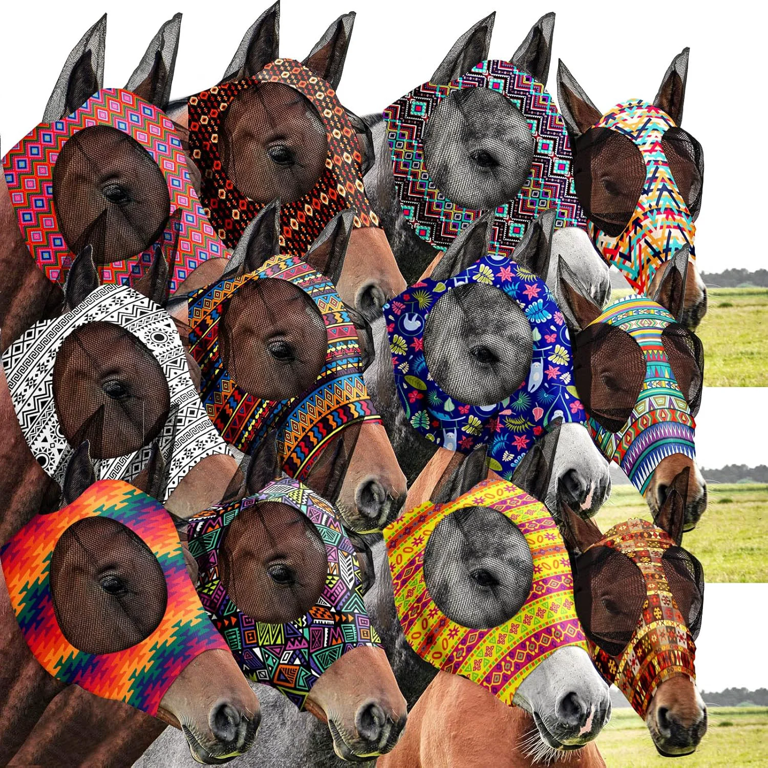 Responsible Qualirey12 Pieces Horse Fly Mask Bulk Comfortable Elasticity Mask for Horses with Ears Net UV Protection Breathable Horse Supplies Face Covering for Horse Pony and Foal Geometric Patterns Large Effective