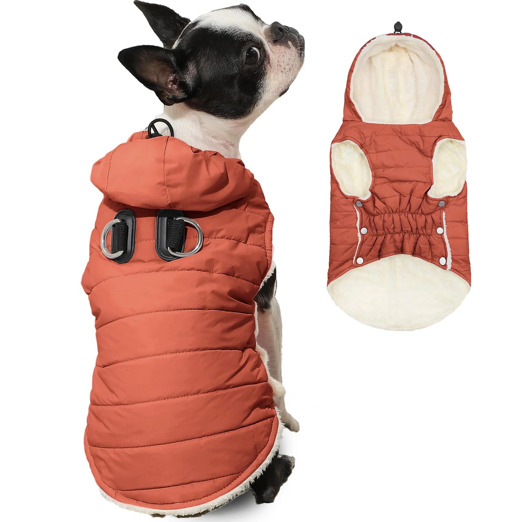 Certified Vecomfy Fleece-Lined Hoodie with Built-in Harness for Small Dogs – Warm Orange Coat Size M Unique