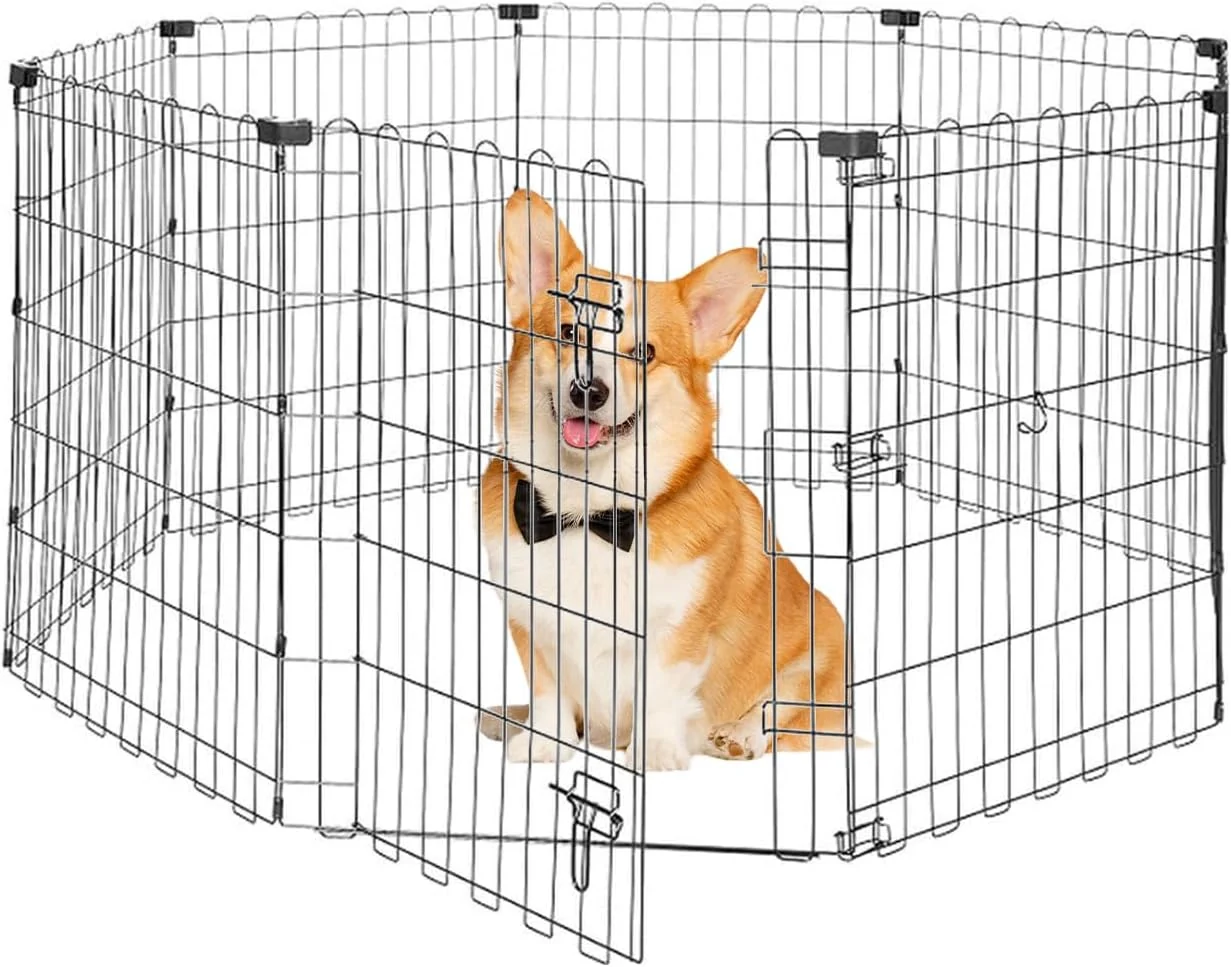 Organic Foldable Dog Playpen 30 Height 8 Panels Metal Exercise Pen with Door - Indoor Outdoor Puppy Playpen for Small Dogs Portable Pet Fence for Yard Garden Camping Black Secure