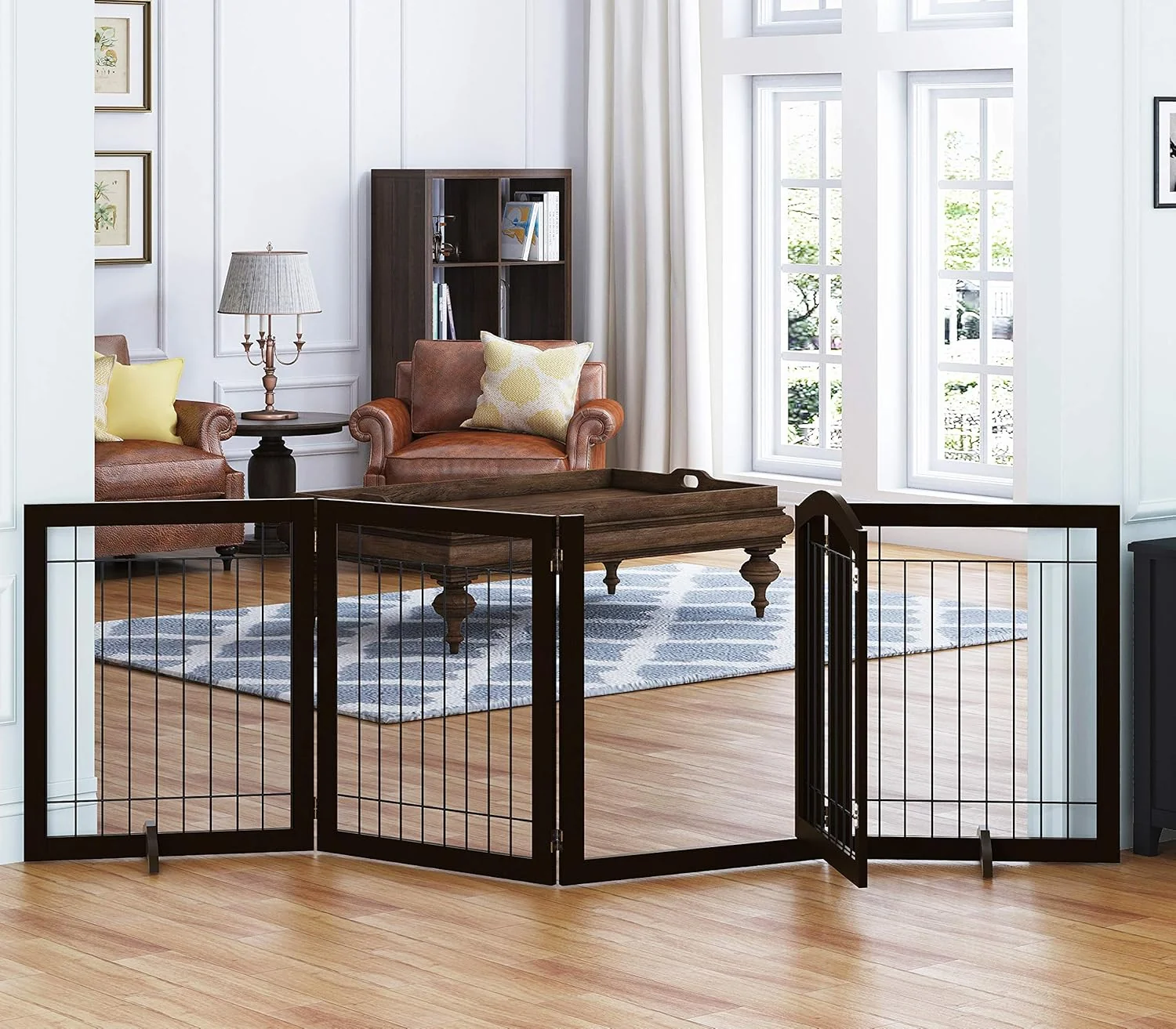 Selected SPIRICH 96-inch Extra Wide 30-inches Tall Dog Gate with Door Walk Through standing Wire Pet Gate for The House Doorway Stairs Pet Puppy Safety Fence Support Feet Included Espresso Trendy