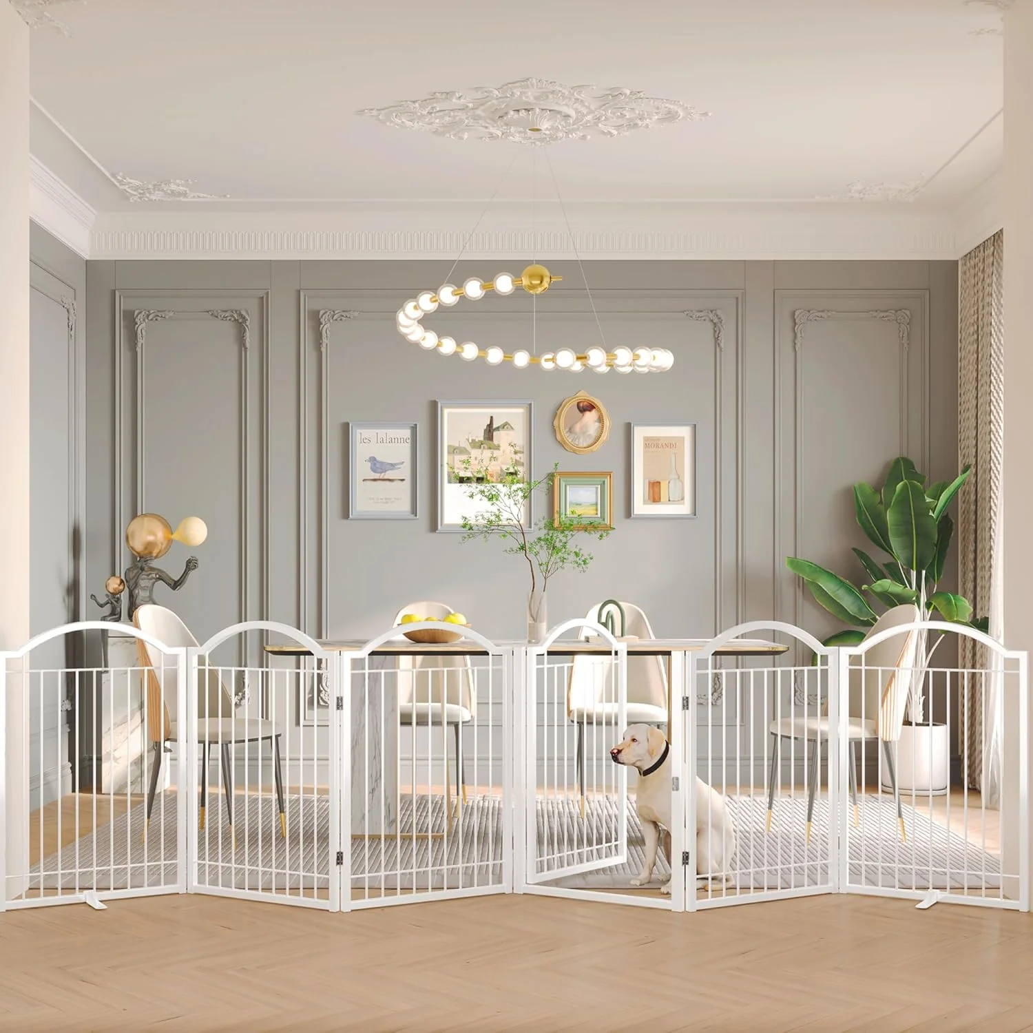 Expertly Made BHG Metal No-Assembly standing Dog Gate with Door Walk Through Extra Wide 144 Extra Tall 32 Pet Gate Accordion Puppy Folding Playpen Dog Fence with 2PCS Support White 6 panesl Durable