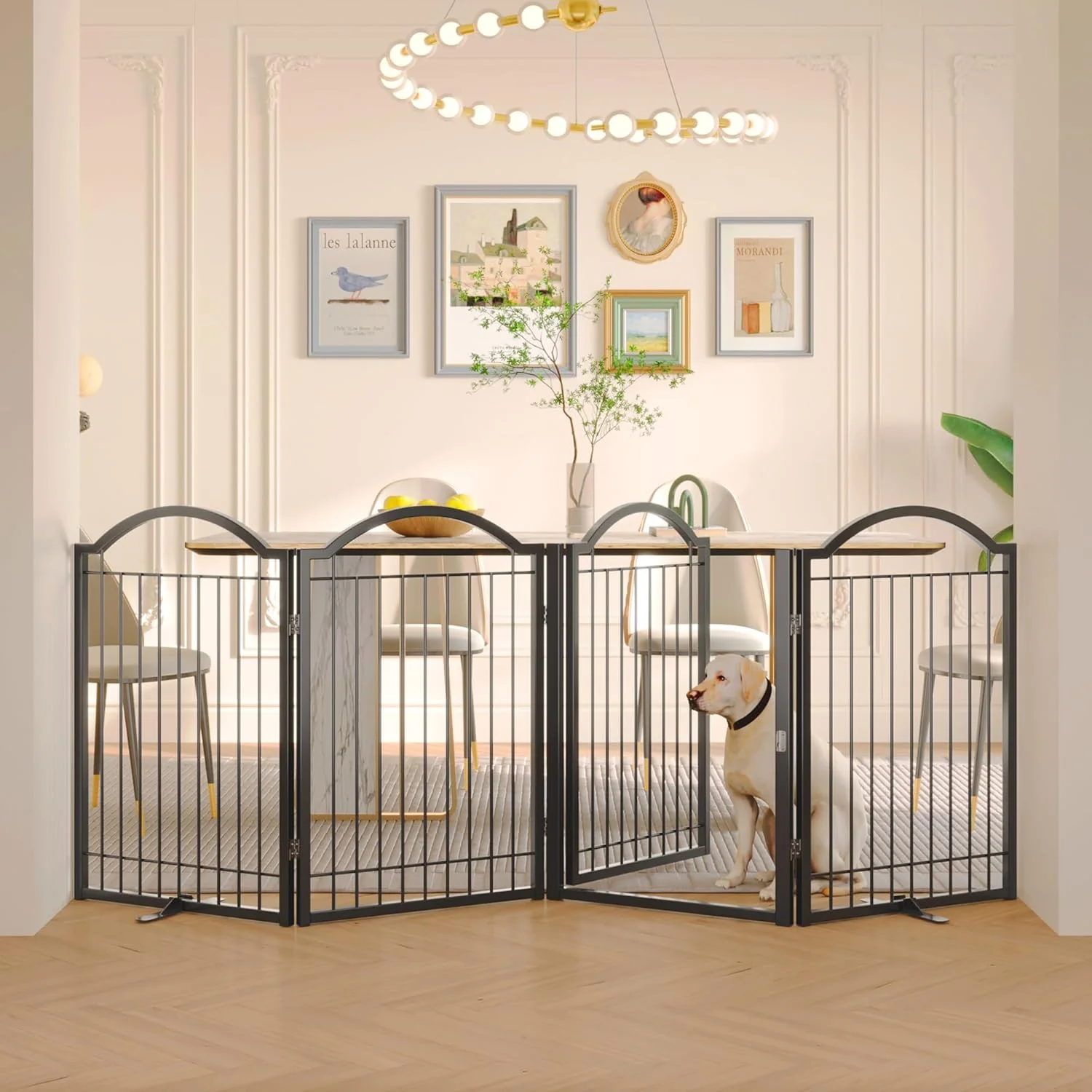 Excellent BHG Metal No-Assembly standing Dog Gate with Door Walk Through Extra Wide 96 Extra Tall 32 Pet Gate Accordion Puppy Folding Playpen Dog Fence with 2PCS Support Black 4 Panels Detailed