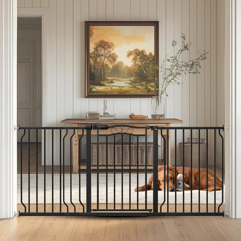 Excellent 62.5 -71.6 Extra Wide Baby Gate for Doorways No Drill Pressure Mounted Dog Gate Indoor Walk Thru Pet Gate for Cat Dog Child Pet Gates for The House Doorway Black Secure