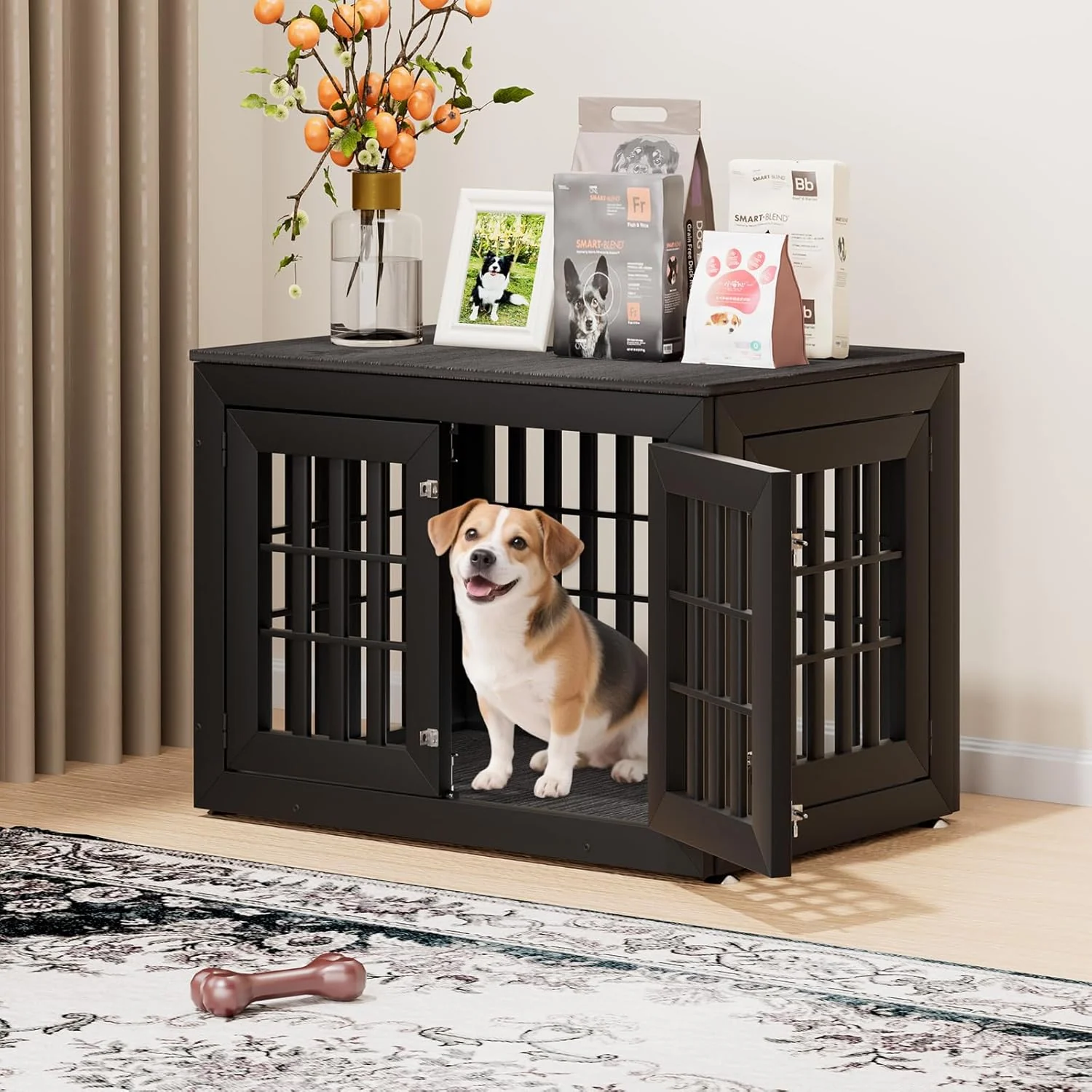 Superior 38 Heavy Duty Dog Crate Furniture for Small Medium and Large Dogs Rustic Wooden Dog Cage Kennel Indoor Furniture with Waterproof Top Decorative Pet House Side End Table Black Grey Smooth