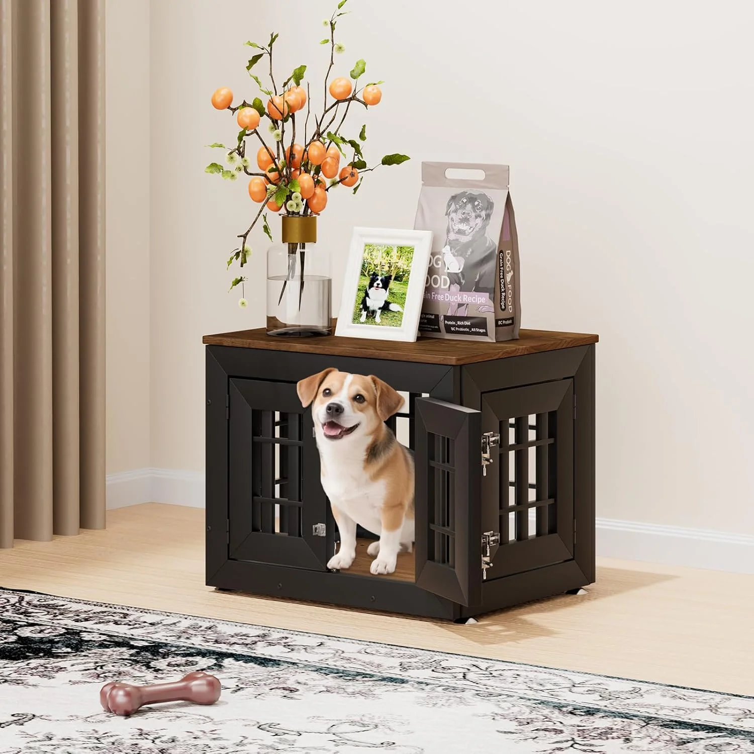 Powerful 26 Heavy Duty Dog Crate Furniture for Small Medium and Large Dogs Rustic Wooden Dog Cage Kennel Indoor Furniture with Waterproof Top Decorative Pet House Side End Table Black Wood Original