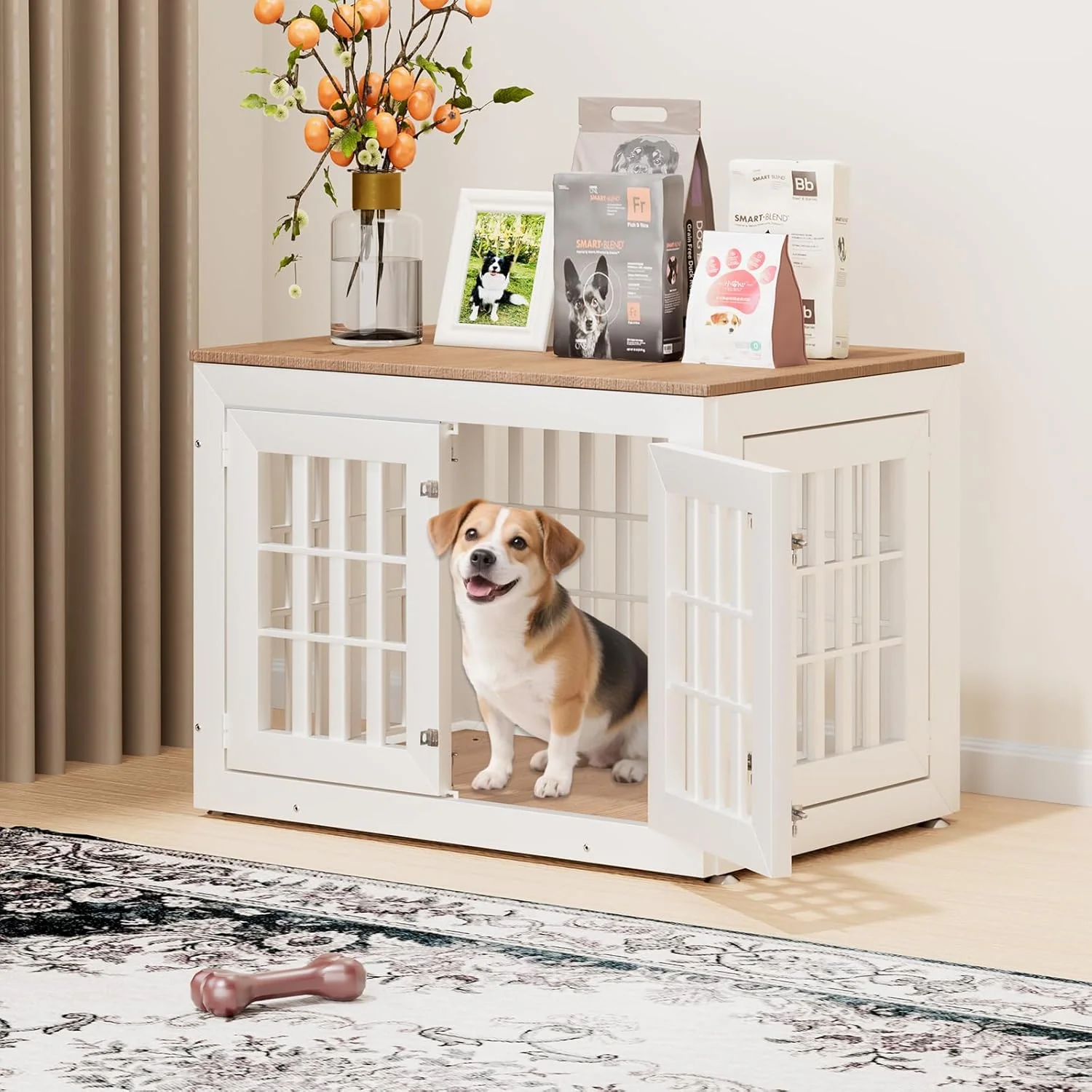 Official 38 Heavy Duty Dog Crate Furniture for Small Medium and Large Dogs Rustic Wooden Dog Cage Kennel Indoor Furniture with Waterproof Top Decorative Pet House Side End Table White Wood Contemporary