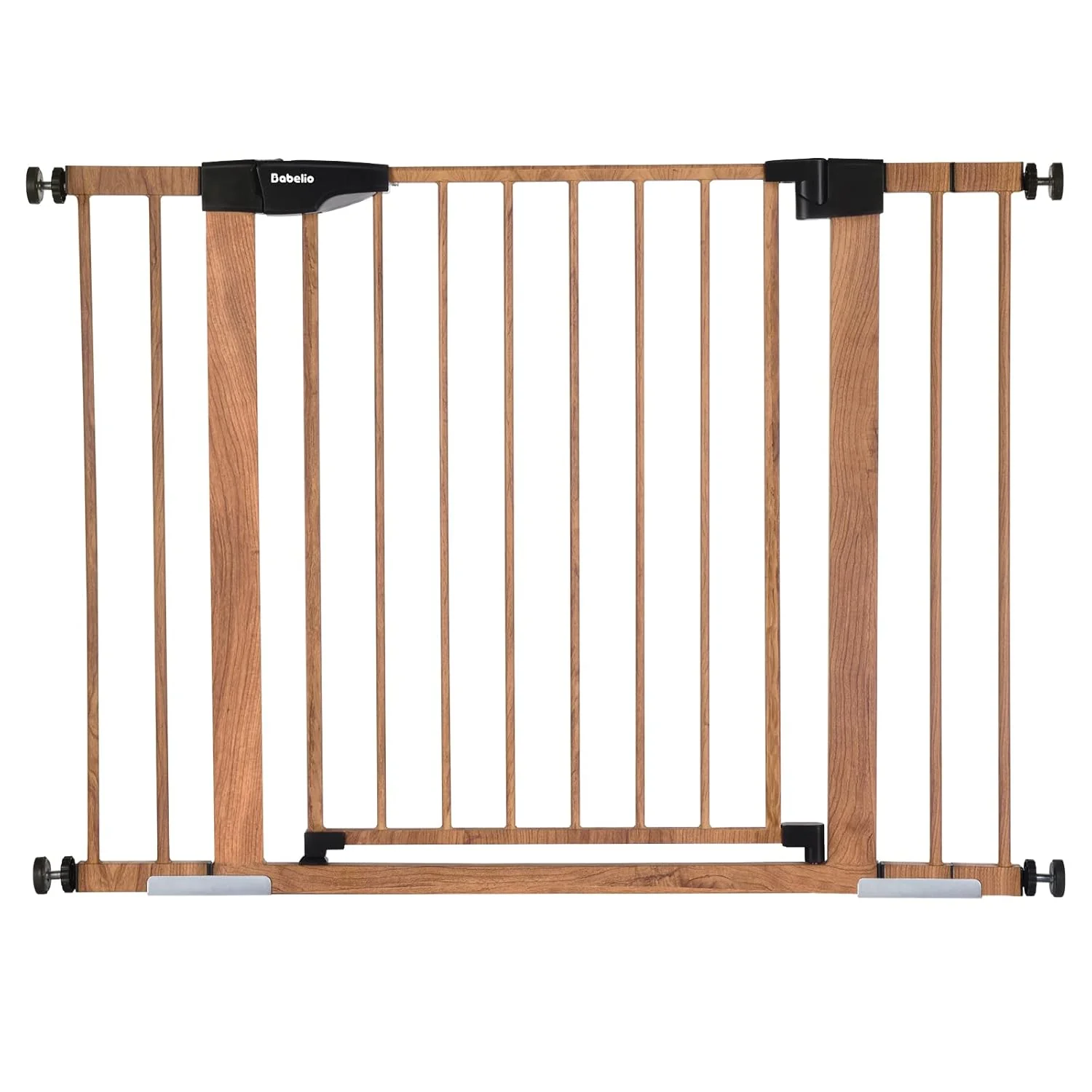 Genuine Mom's Choice Award Winner-BABELIO 26-40 Inch Metal Baby Gate with Wood Pattern Easy Install Pressure Mounted Dog Gate I for Stairs and Doorways with Wall Protectors and Extension Kits Trusted