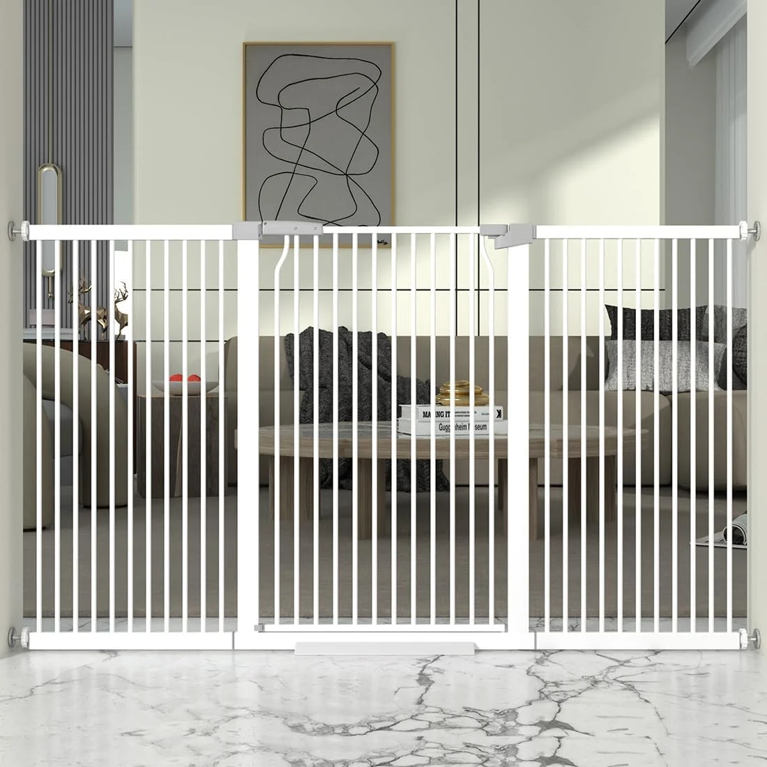 Fine Crafted 41 Extra Tall and Wide Baby Gate 68.5-72.2'' Wide Pet Cat Gate for Doorway Extra Wide Pressure Mounted Child Door with Expansion Kit Metal Safe Gate Tall Dog Gate White Stylish