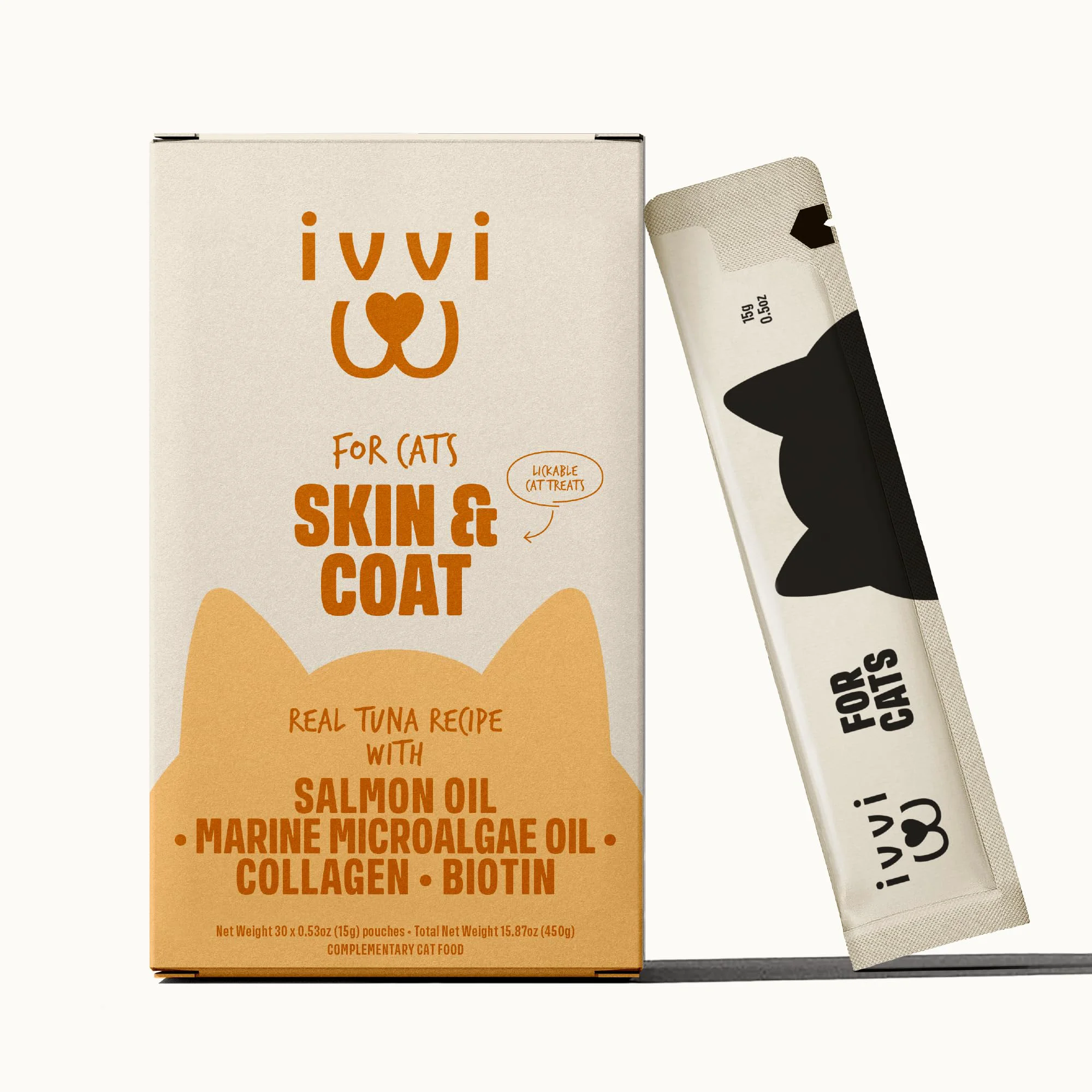 Original Design ivvi Skin Coat for Cats – Creamy Salmon Tuna Snack with Zinc Collagen Biotin 30 Sachets Efficient