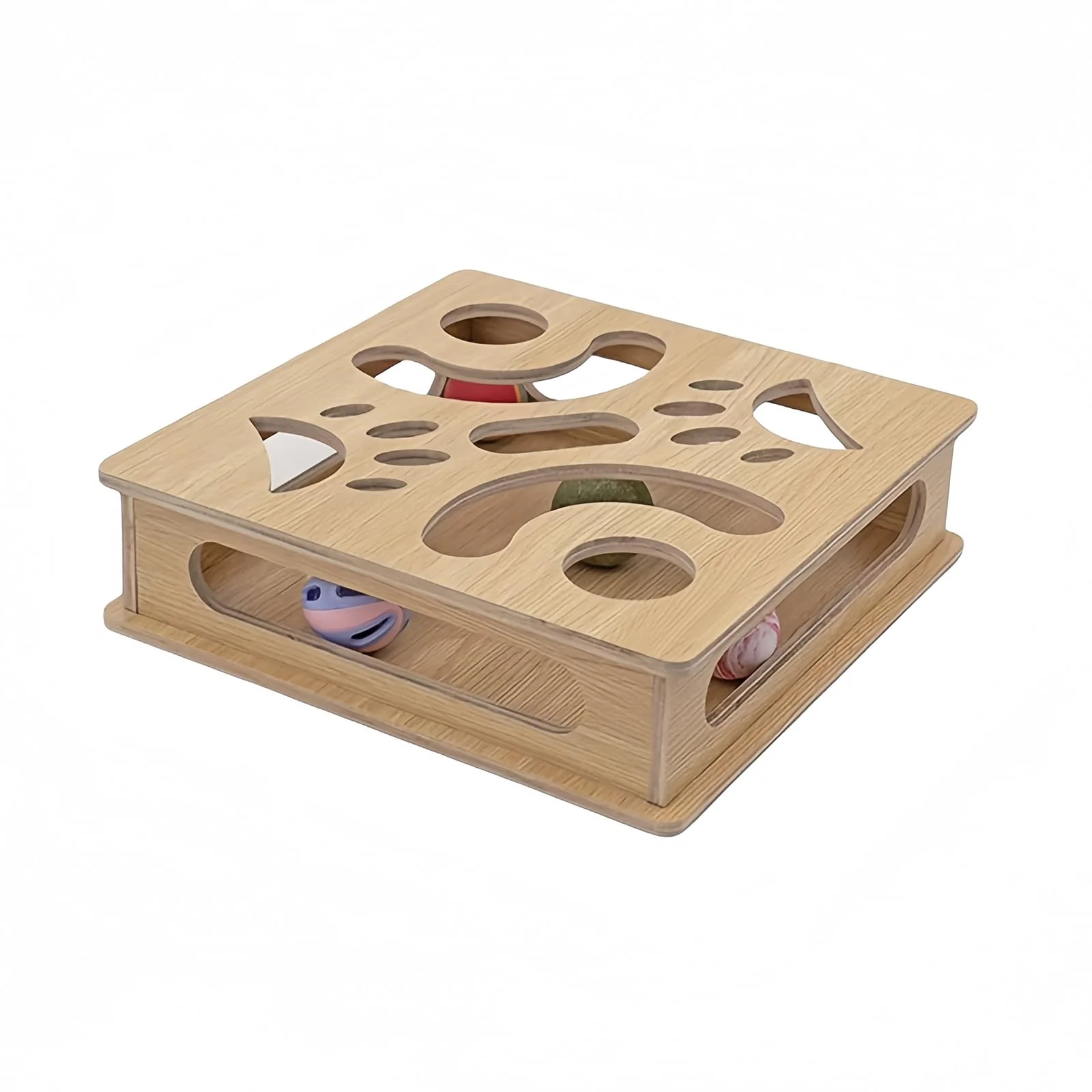 Minimalist HaoCpetslian Interactive Wooden Cat Puzzle Toy Box – Indoor Treat Puzzle 4 Balls Smooth