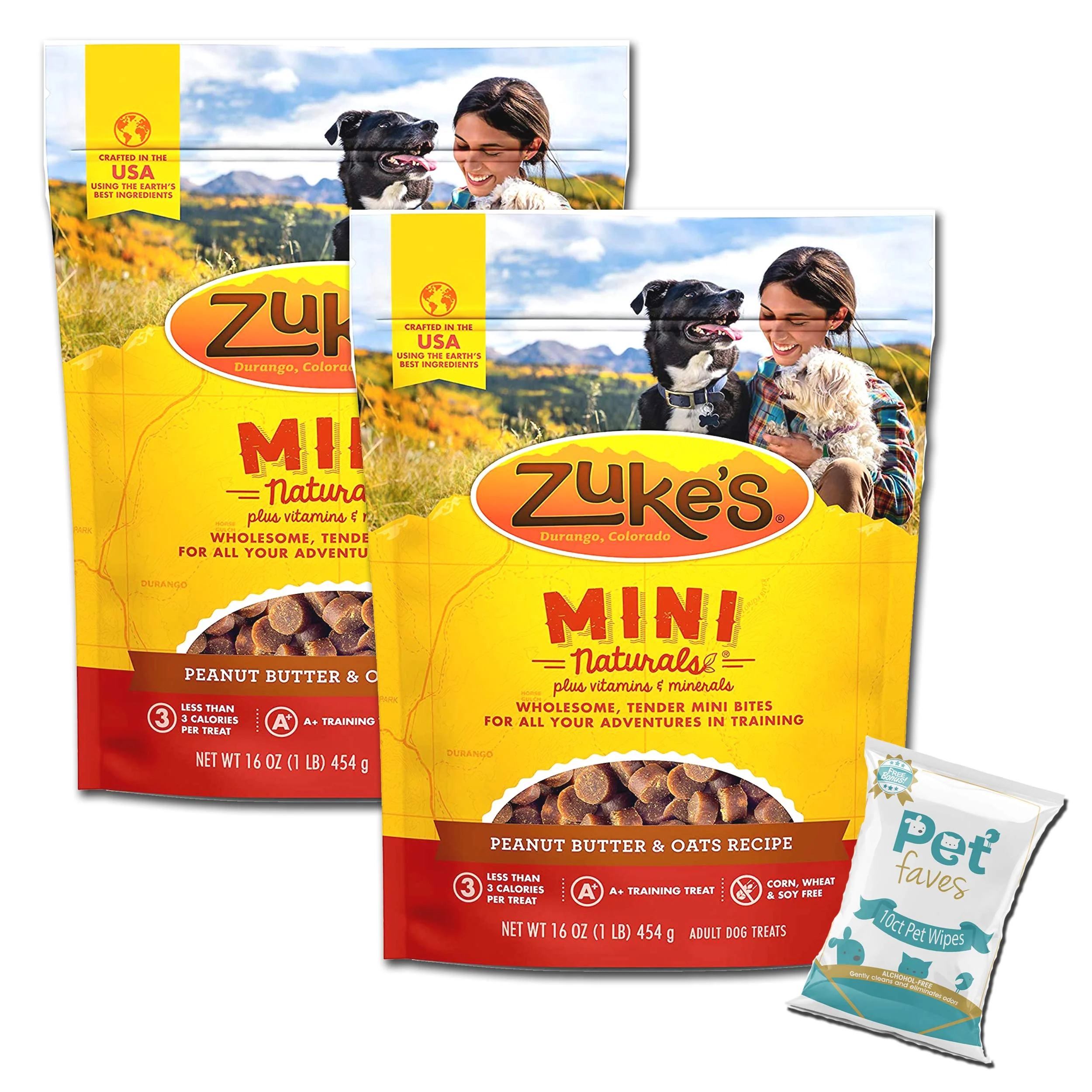 Professional Pet Faves 2 Pack Zuke Mini Naturals Peanut Butter 16 oz – Soft Chewy Training Treats 10ct Wipes Durable