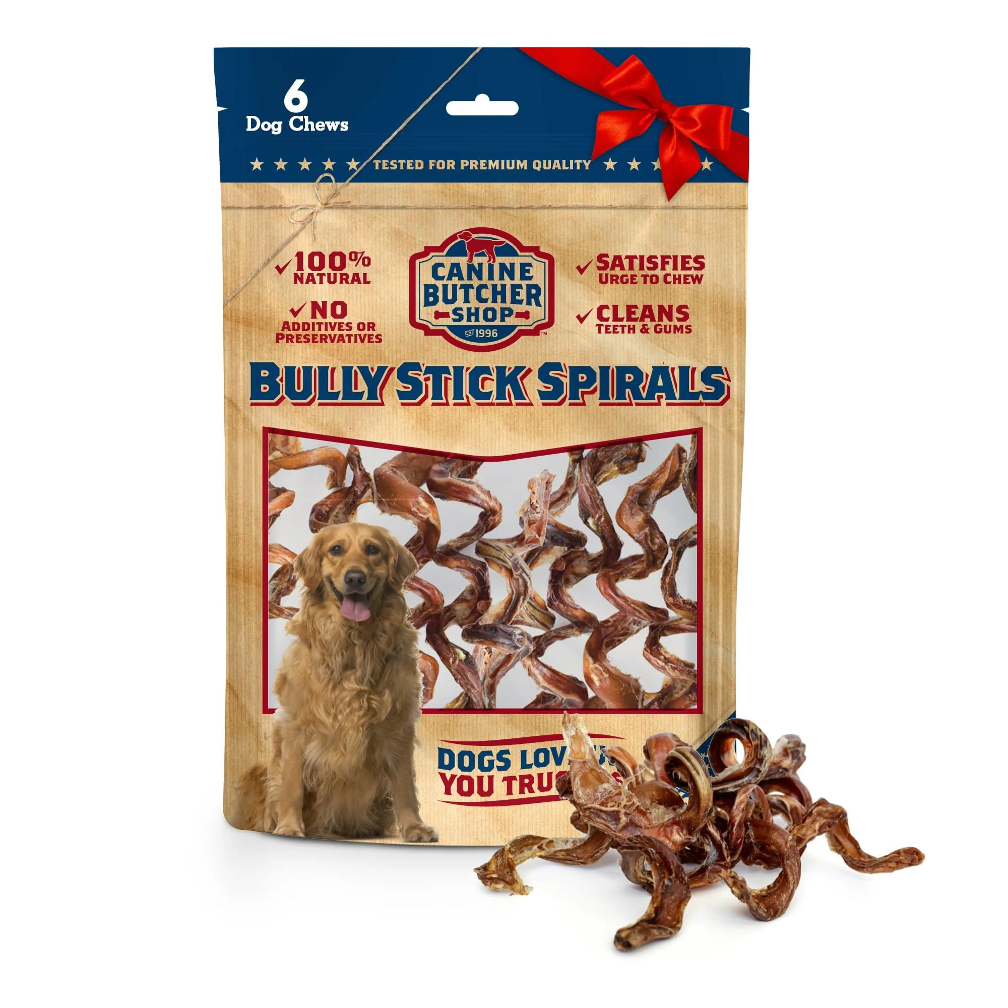 Reusable Canine Butcher Shop Bully Stick Spirals – USA Made Odor- All-Natural Chews Pack of 6 Easy-to-Use