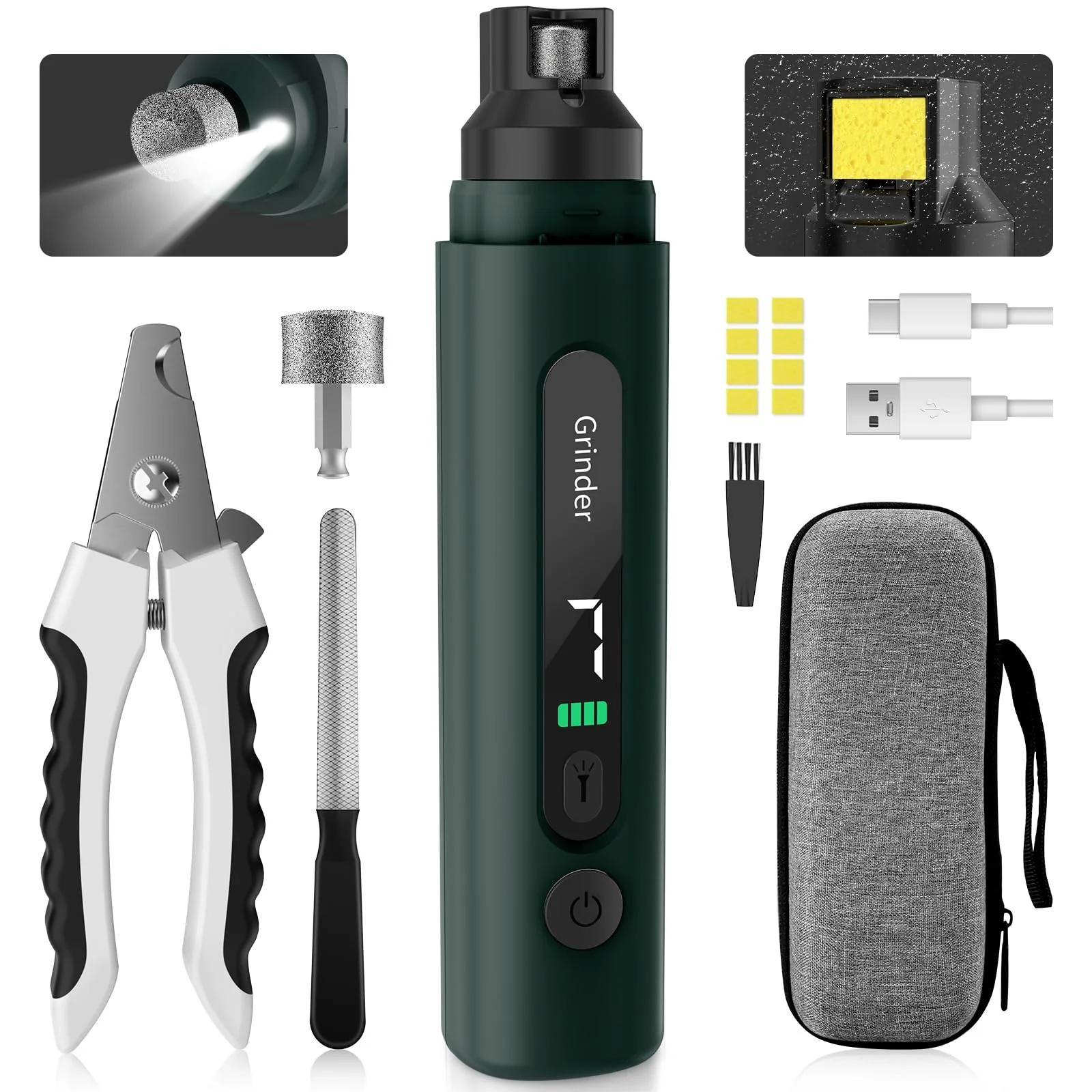 Efficient Barkitty Dog Nail Grinder – 7-Speed Quiet Electric Trimmers with Dust Sponge 1800mAh Battery Green Crafted