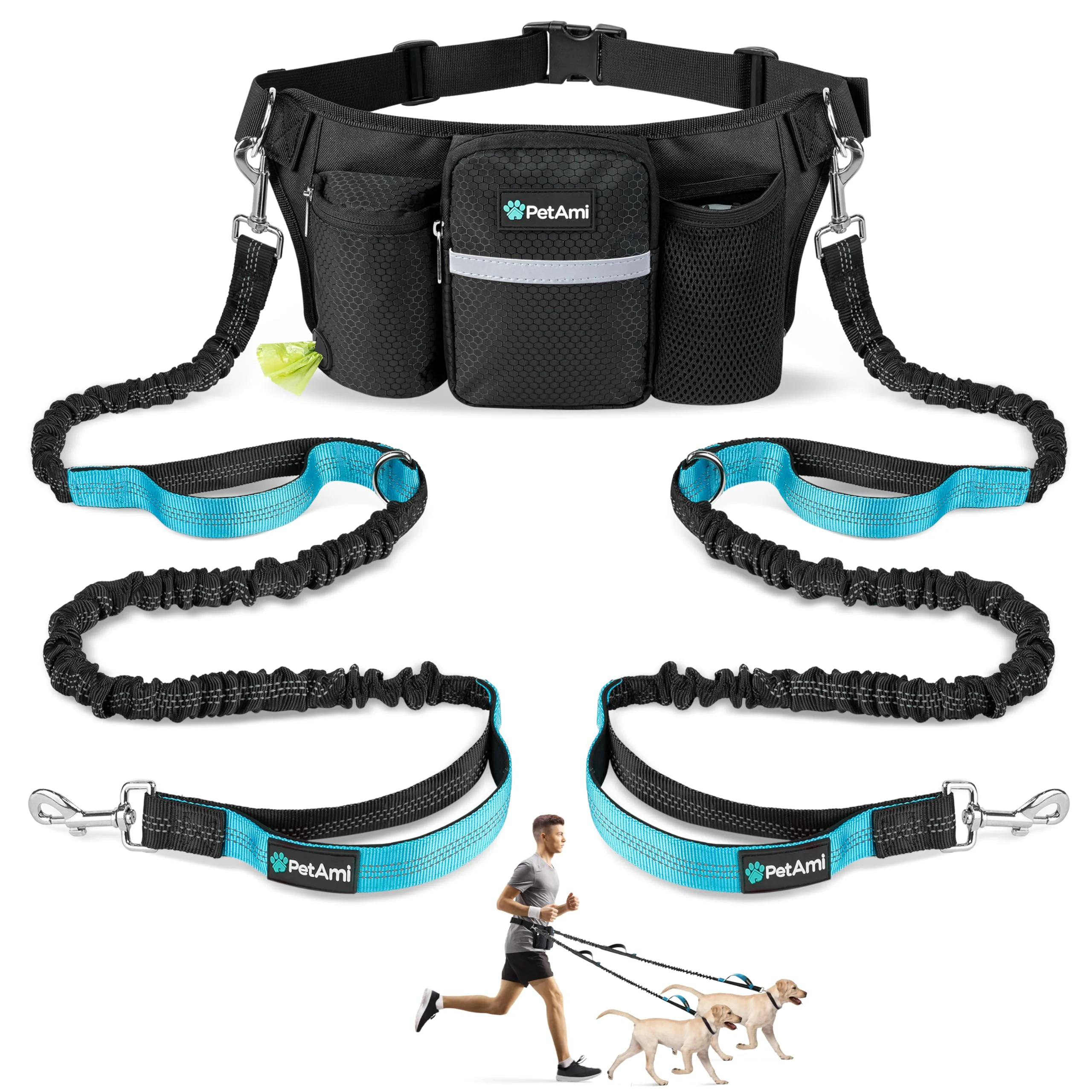 Eco-Friendly PetAmi Premium Hands Dog Leash for 2 Dogs — Adjustable Waist Belt Dual Bungee Leash Reflective Black Premium Material