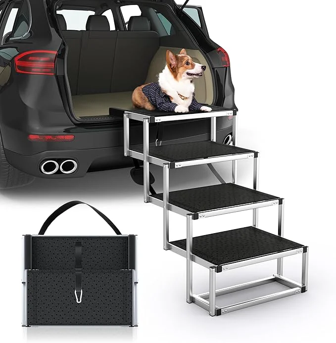 Solid Dog Stairs for Car Foldable Dog Ramp for Car with Non-Slip Surface Portable Stairs Aluminum SUV High Beds Truck Supports up to 150 lbs 4 StepsAbout ThisOverview First-Class