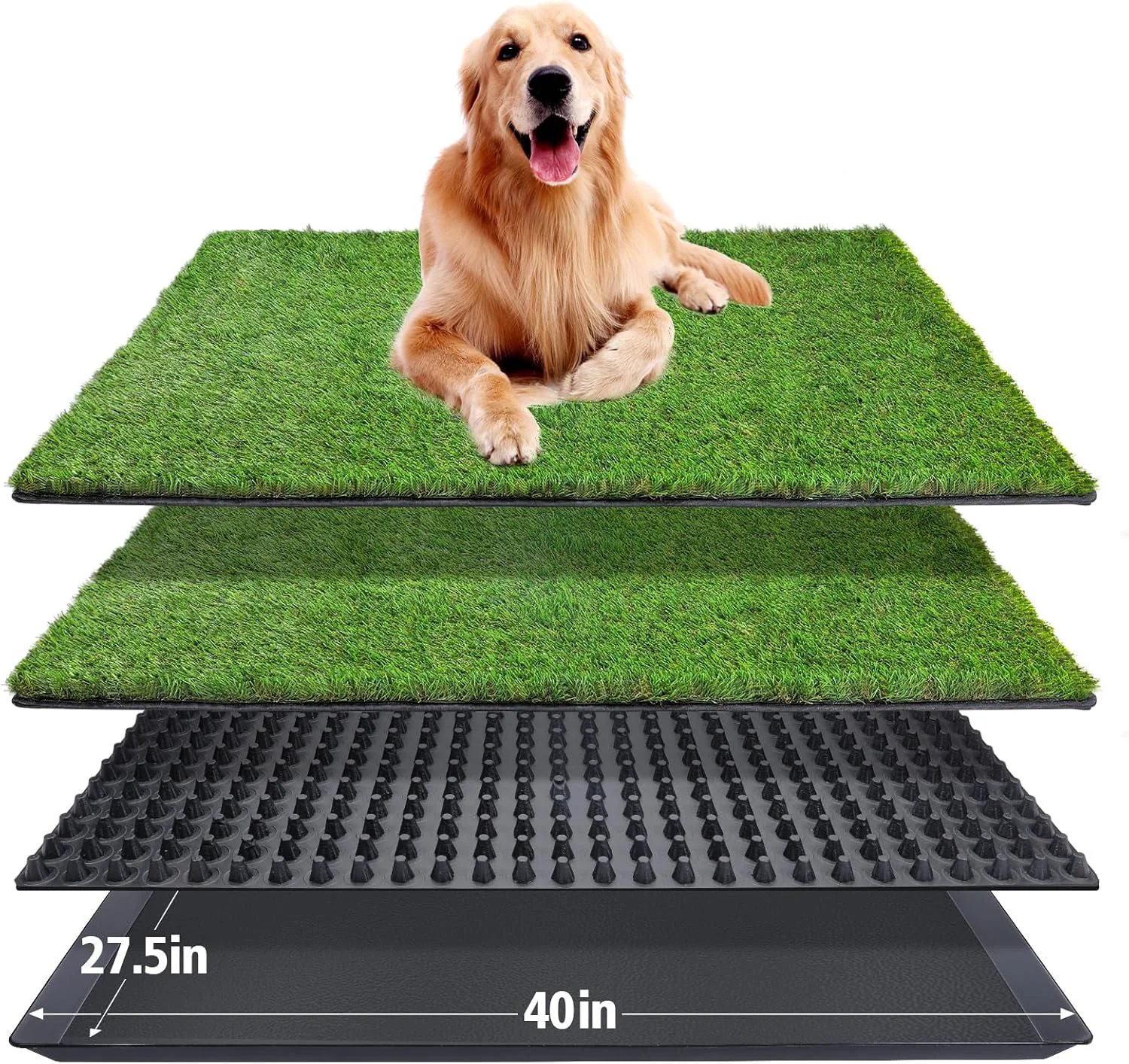 Green Dog Grass Pad with Tray 40×27.5 inch Large XL Reusable 3-Layer Dog Pee Potty Grass Pads Easy to Clean Artificial Fake Grass for Indoor Outdoor and Balcony 2 Pcs Grass Pad Drainage Grate Tray Certified