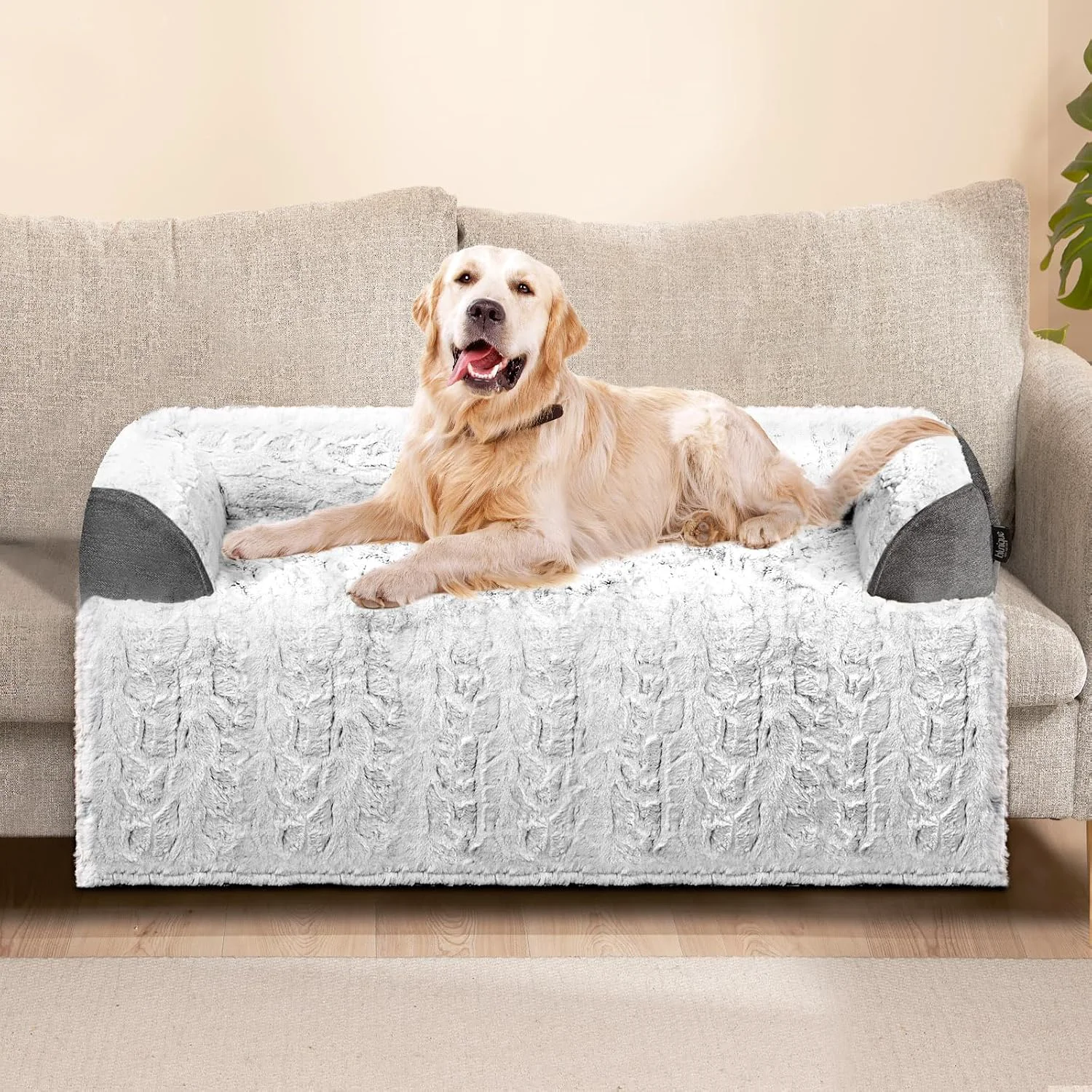 Fast Calming Large Dog Bed for Couch – 41 x37 Washable Non-Slip Plush Sofa Protector for Dogs Removable Cover Soft Furniture Mat in Grey Practical