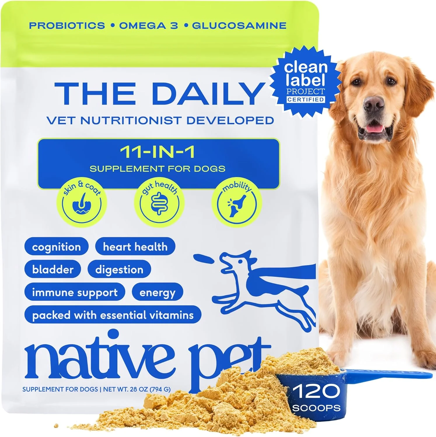Optimized Native Pet Dog Vitamins Supplements - 11-in-1 Multivitamin Powder for Dogs Food Topper - Collagen Glucosamine Probiotics Omega More- Supports Healthy Gut Mobility Overall Health -120 Scoops Excellent
