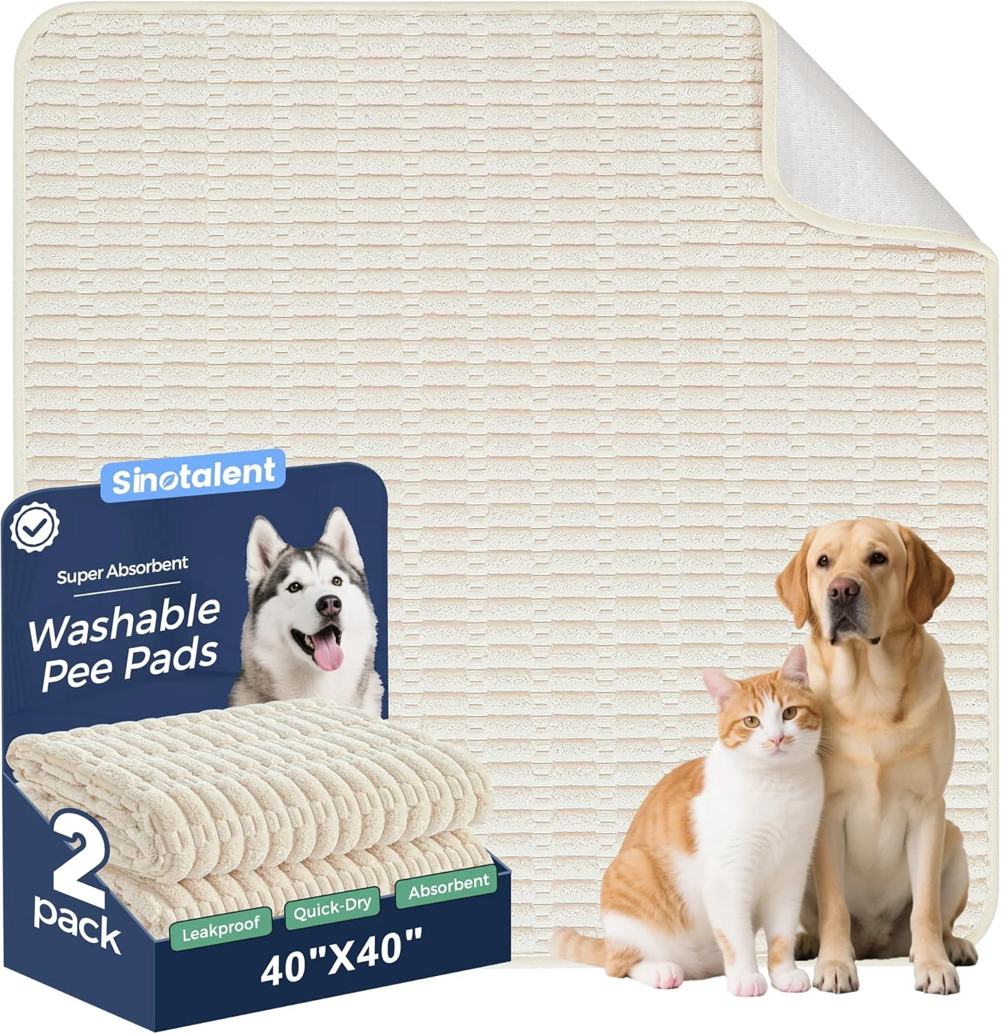 Long-Lasting Washable Pee Pads for Dogs 2 Pack Reusable Puppy Pads Dog Pads Non-Slip Dog Pee Pads Leakproof Pet Pee Pads Wee Wee Pads for Dogs. Cream White 40 x40 Pack of 2 First-Class