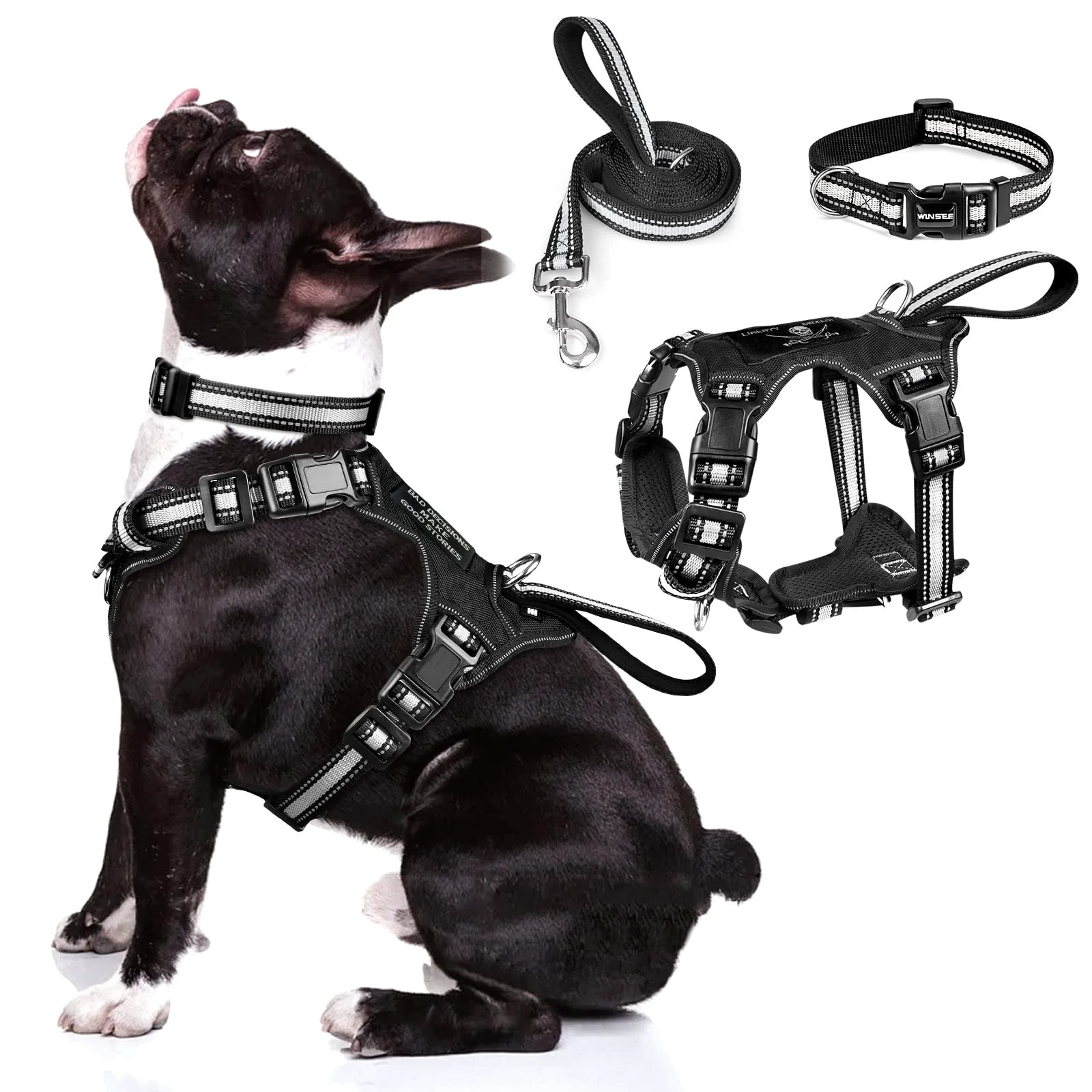 High-End WINSEE 3-in-1 Reflective Pet Harness Collar Leash Set – No-Pull Adjustable Medium Black Selected