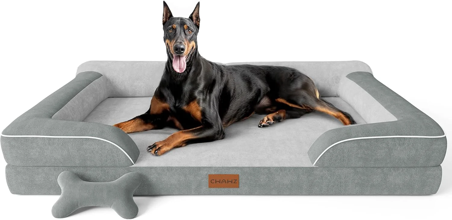 Modern XXL Dog Bed for Extra Large Dogs Giant Orthopedic Dog Bed with Cooling Gel Memory Foam Waterproof Pet Bed with Removable Washable Cover 53 Pet Sofa bed Dutch Velvet with Bone Toy Light Gray Optimized
