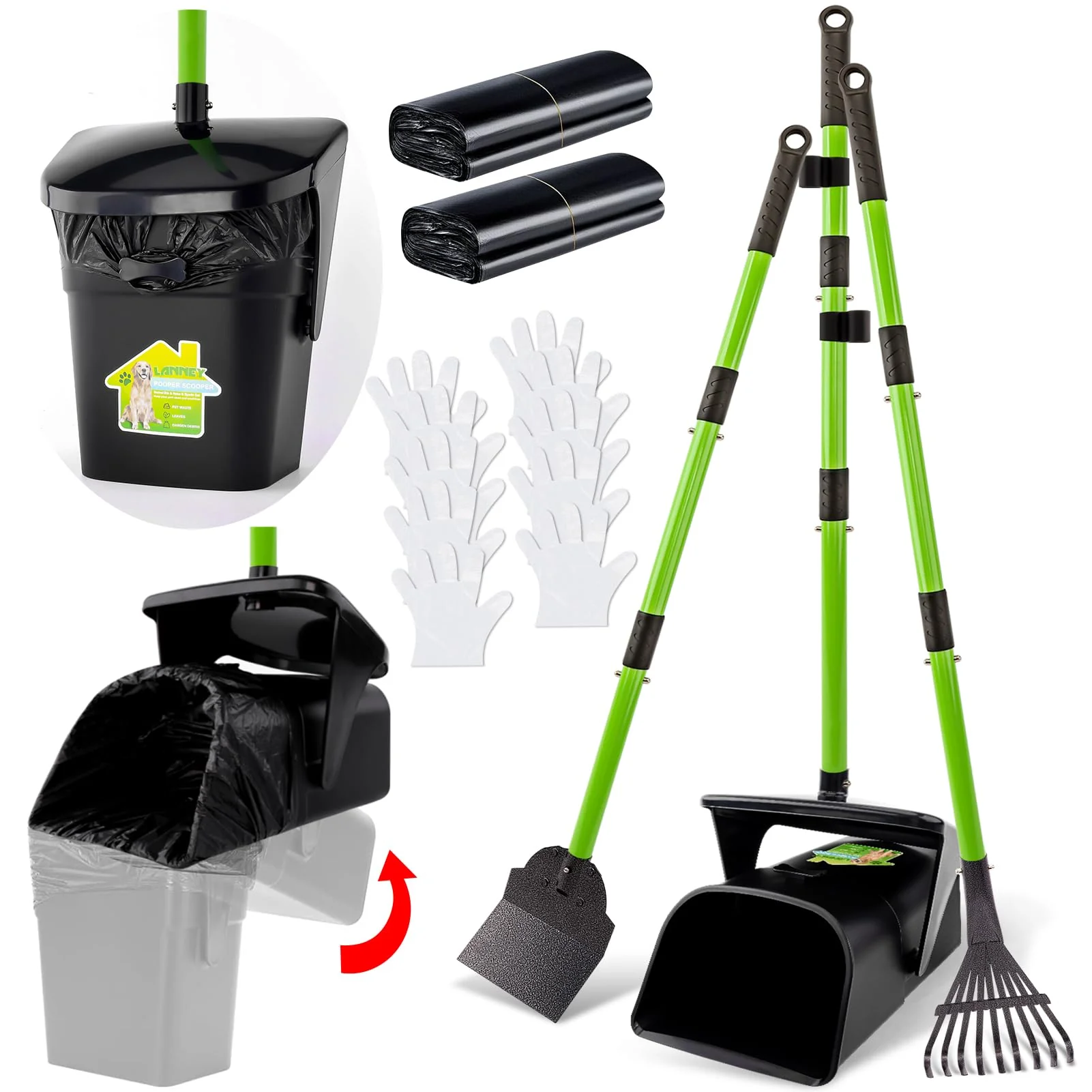 Fine LANNEY Pooper Scooper - 38-Inch Adjustable Handle with Odorless Swivel Bin 50 Bags Included Pure