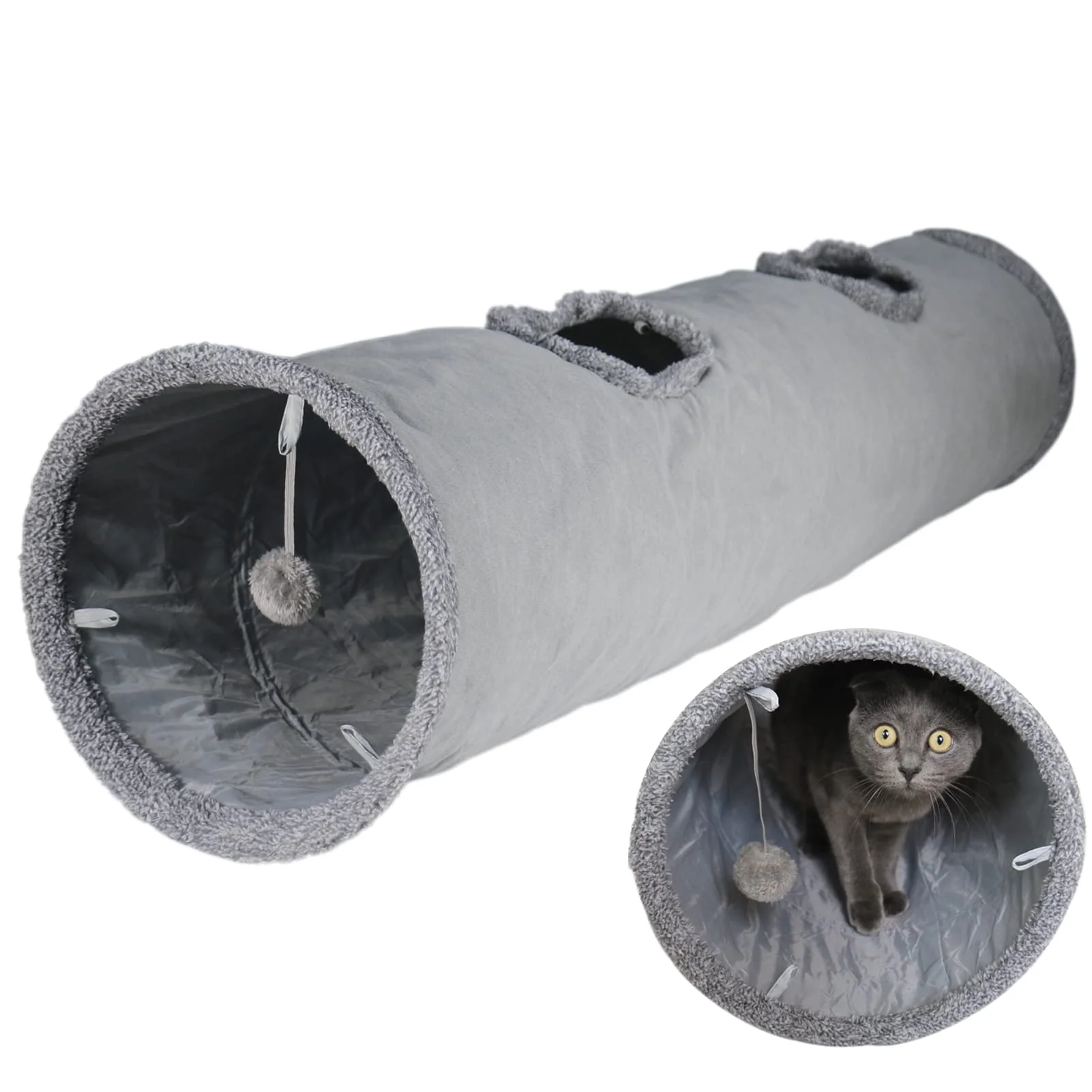 Professional Terunat Cat Tunnel 51x12 in Foldable Grey Suede – Indoor Cat Play Comfortable
