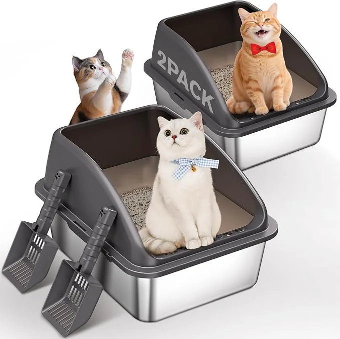 Pure 2PACK Stainless Steel Cat Litter Box Large Litter Box Practical