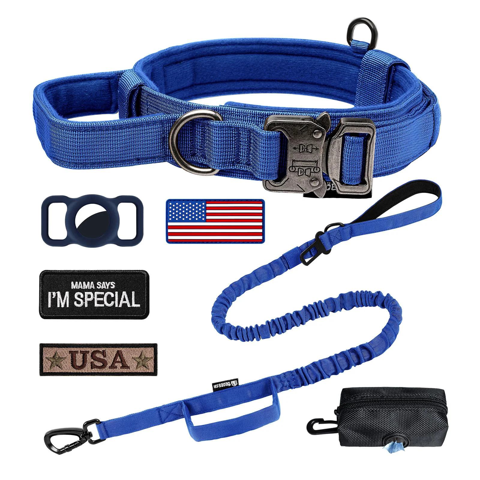Elite OEBEESA Tactical Dog Collar with Handle Airtag Case Patches – Heavy-Duty Nylon for Medium Large Dogs Blue M Functional